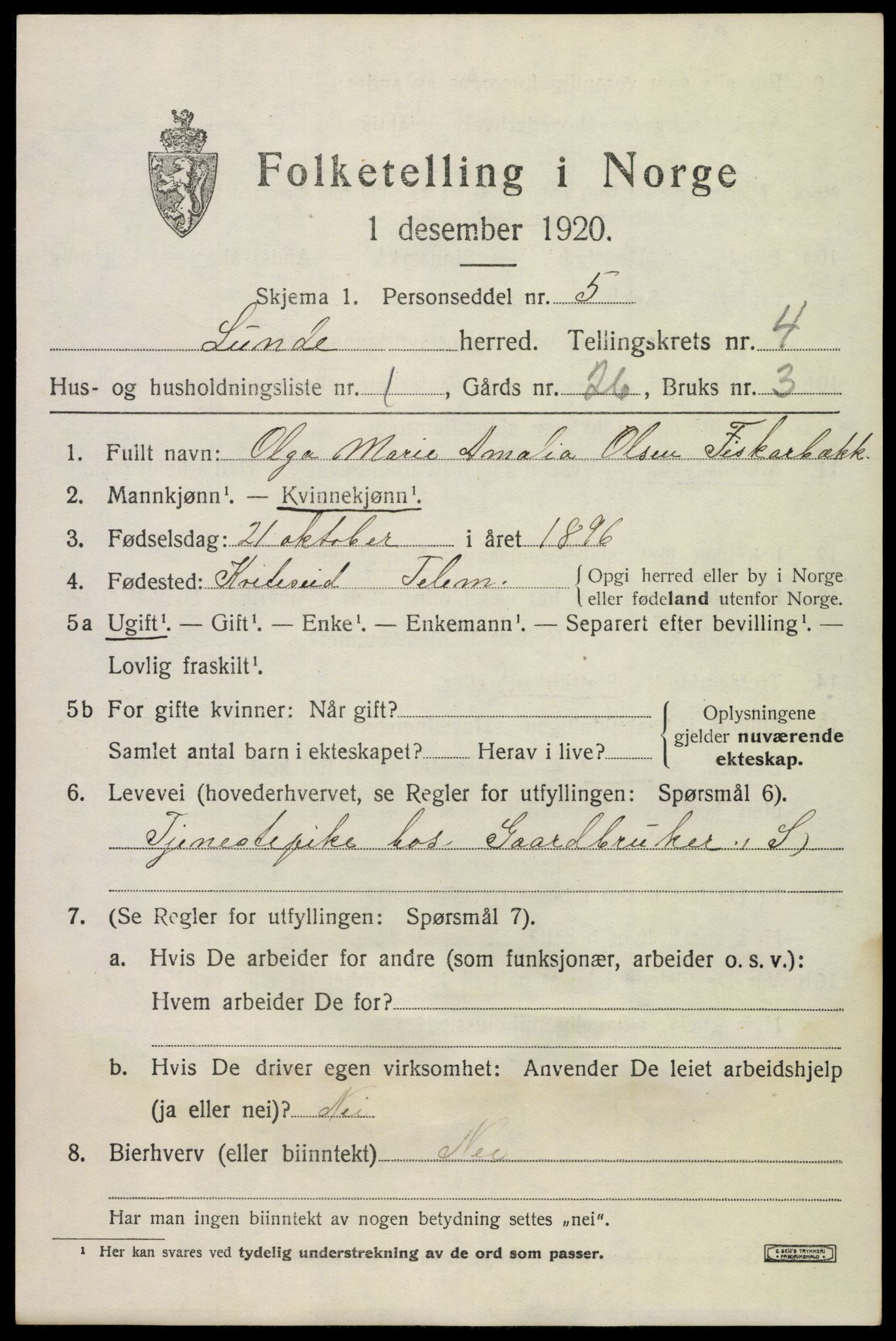 SAKO, 1920 census for Lunde, 1920, p. 2997