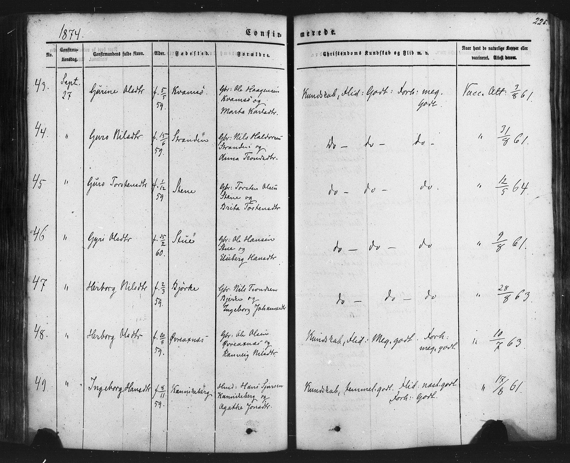 Kvam sokneprestembete, SAB/A-76201/H/Haa: Parish register (official) no. A 9, 1864-1879, p. 225