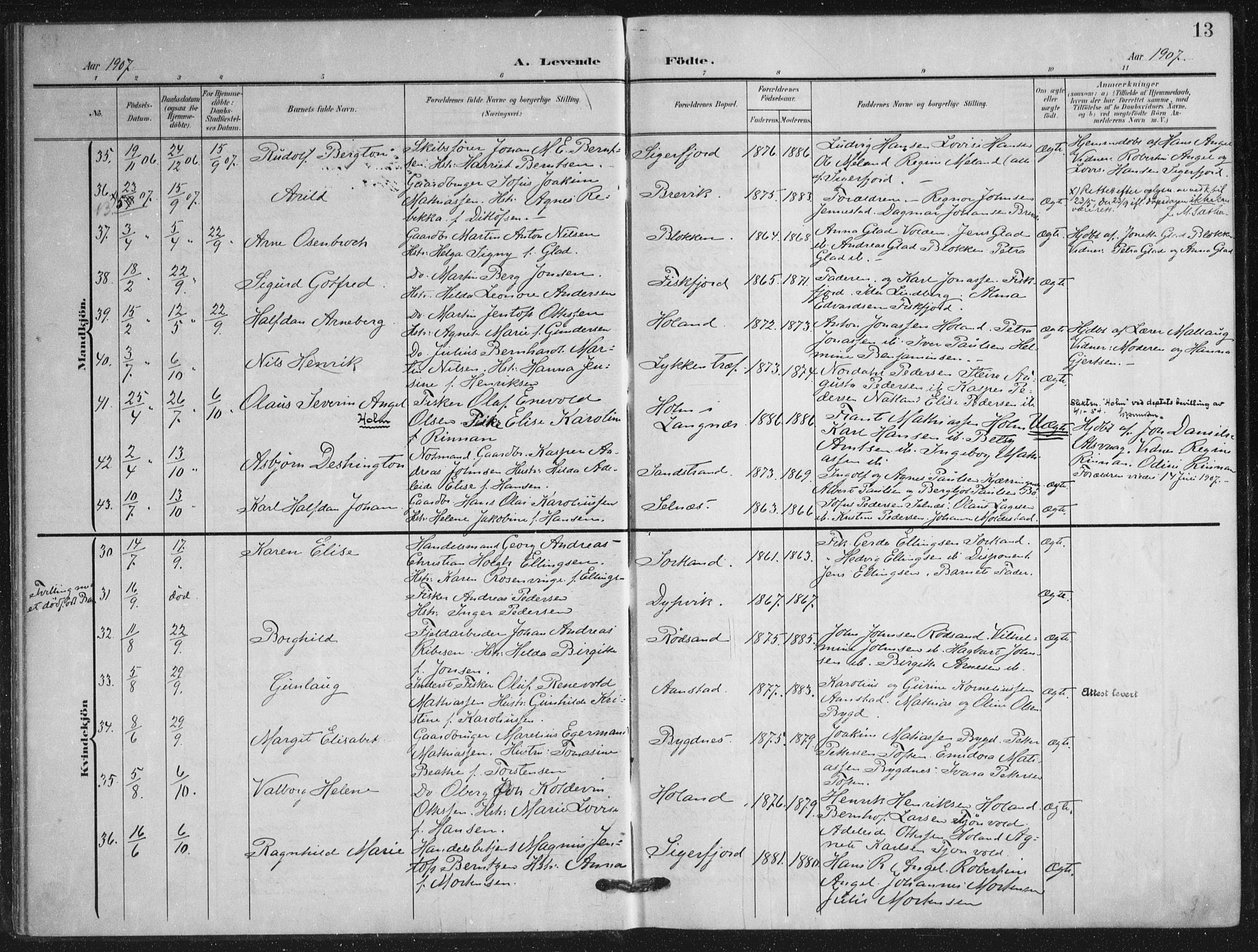 Ministerialprotokoller, klokkerbøker og fødselsregistre - Nordland, AV/SAT-A-1459/895/L1373: Parish register (official) no. 895A08, 1905-1915, p. 13