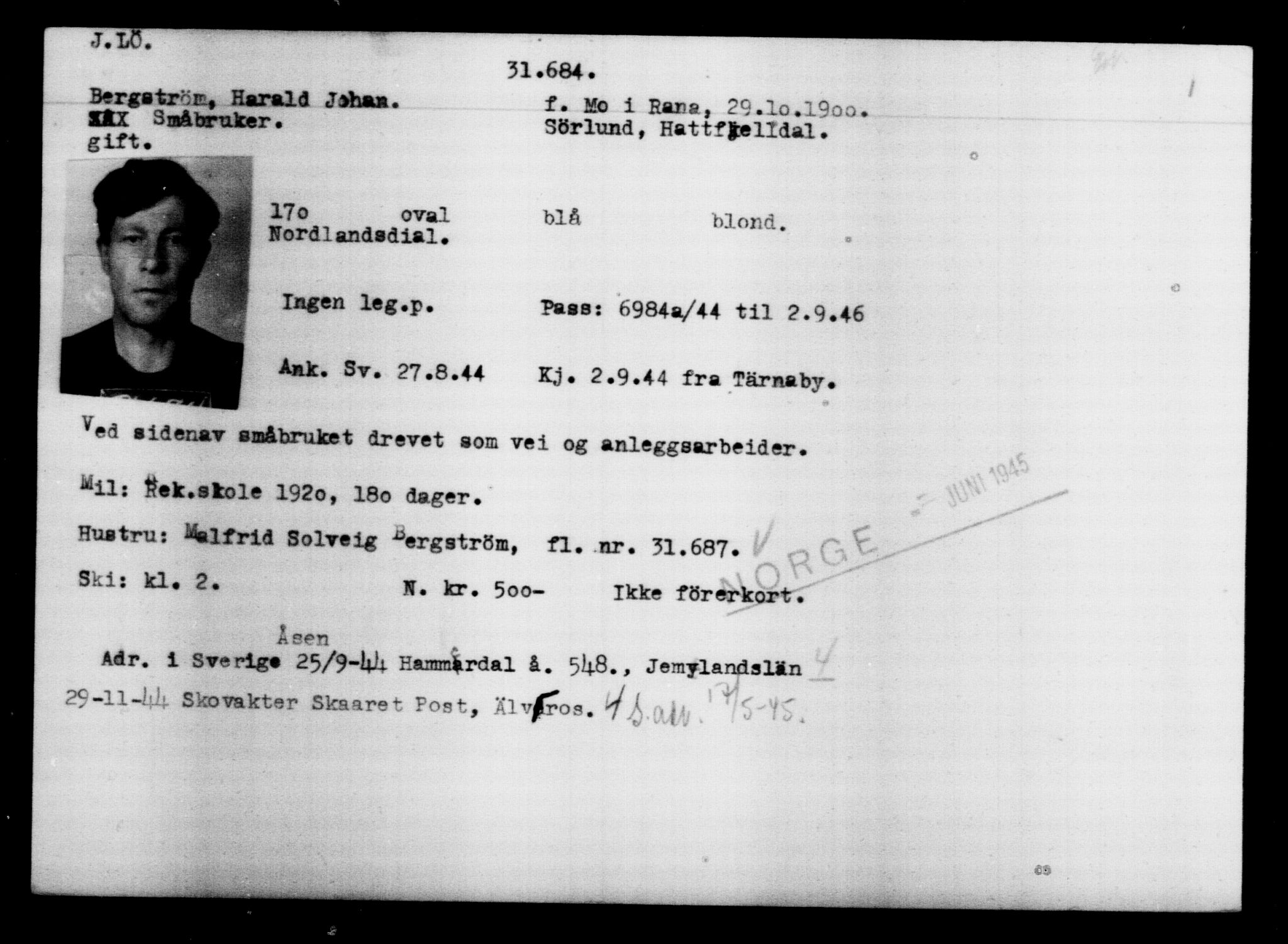 Utenriksstasjonene, Legasjonen i Stockholm, Flyktningkontoret, AV/RA-S-6753/V/Va/L0013: Kjesäterkartoteket, flyktninger med registreringsnr. 31500-34731, 1940-1945, p. 200