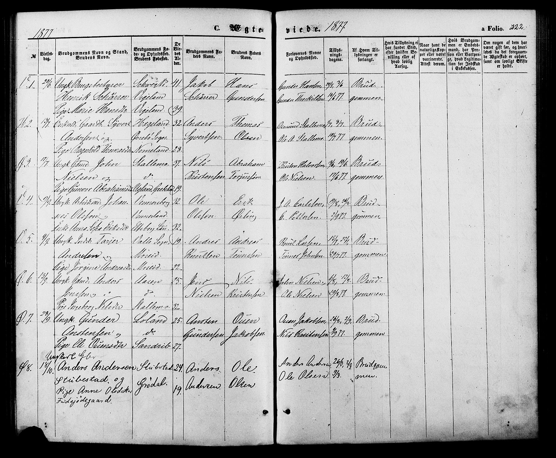 Vennesla sokneprestkontor, SAK/1111-0045/Fa/Fac/L0008: Parish register (official) no. A 8, 1874-1883, p. 222