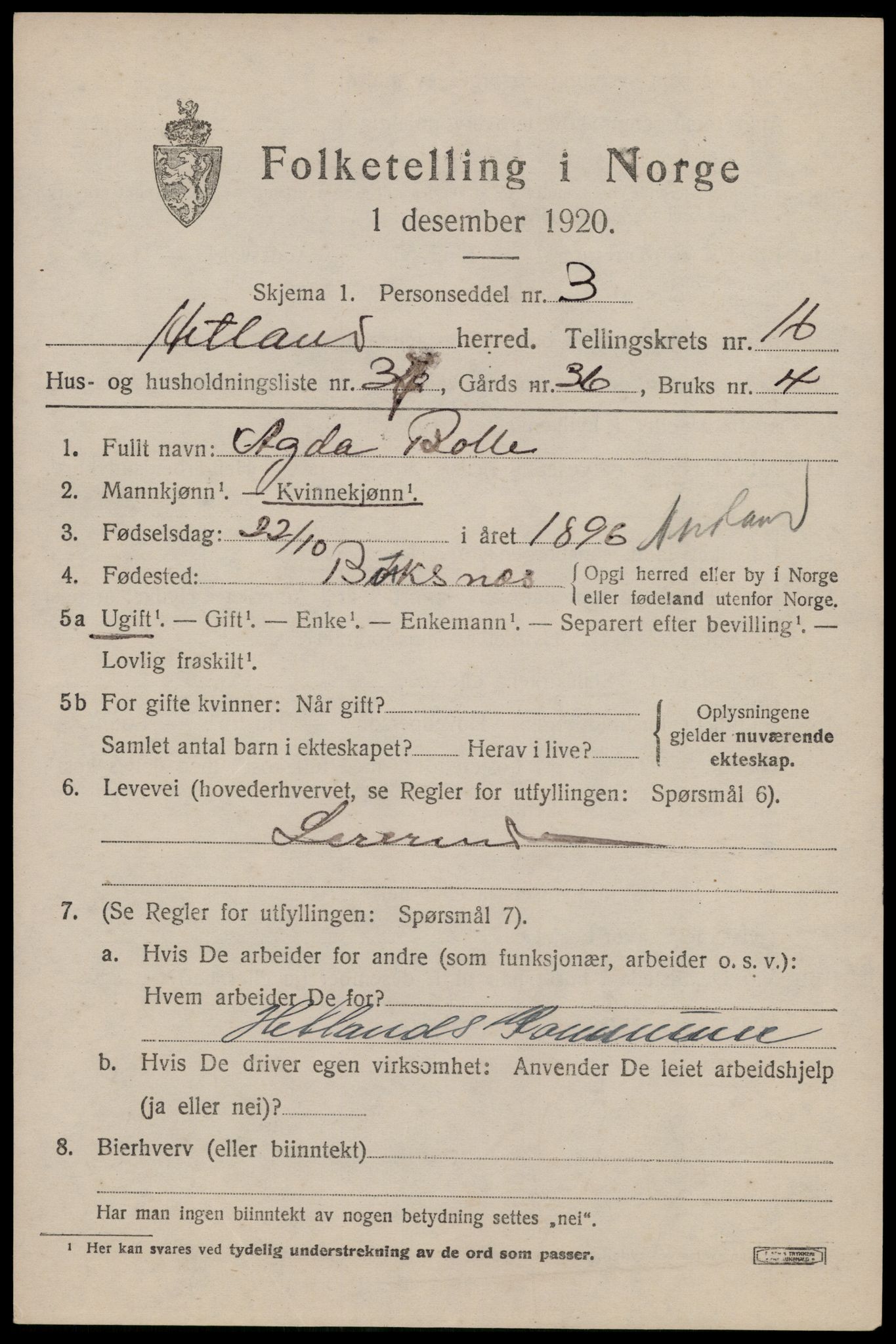 SAST, 1920 census for Hetland, 1920, p. 23545