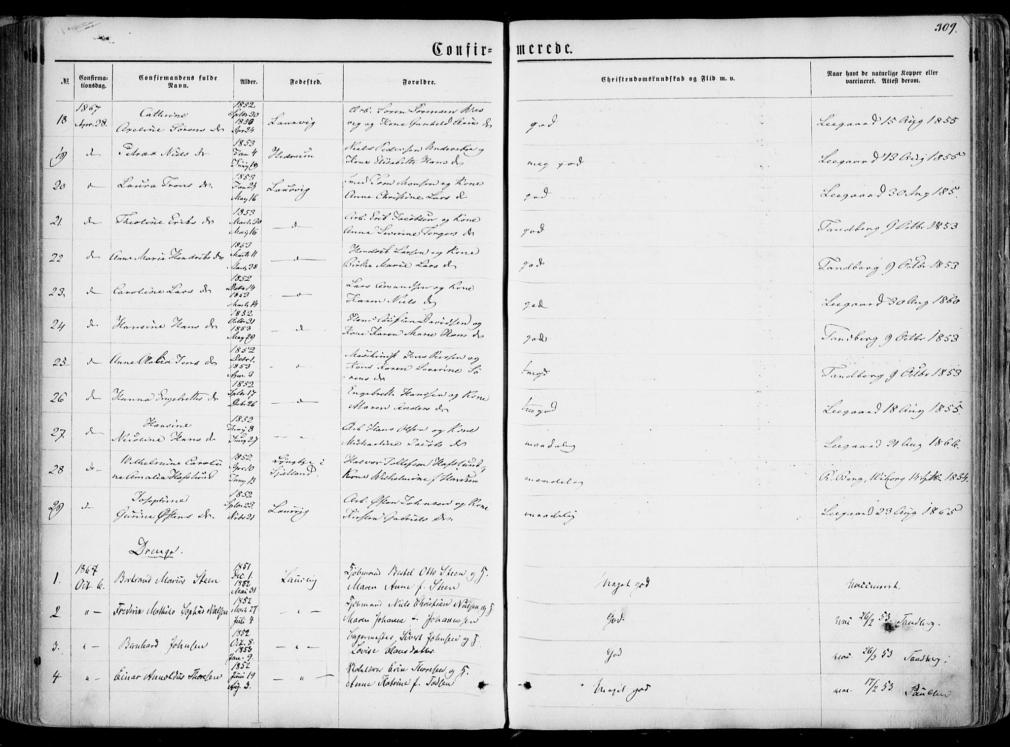 Larvik kirkebøker, AV/SAKO-A-352/F/Fa/L0004: Parish register (official) no. I 4, 1856-1870, p. 309