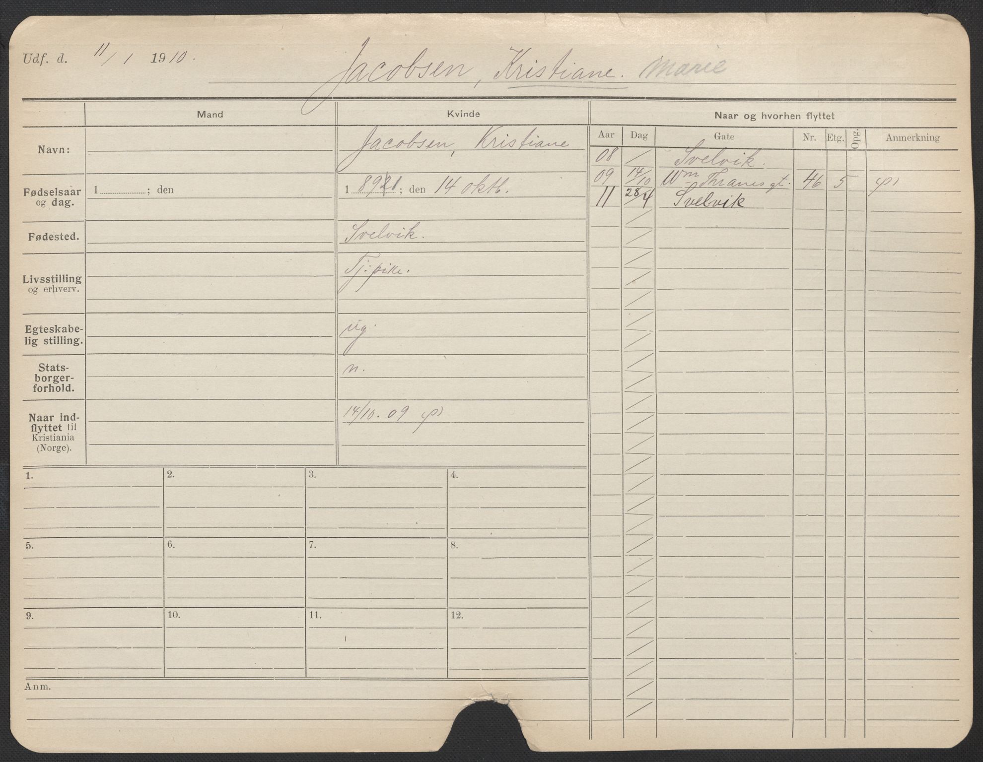 Oslo folkeregister, Registerkort, AV/SAO-A-11715/F/Fa/Fac/L0017: Kvinner, 1906-1914, p. 229a