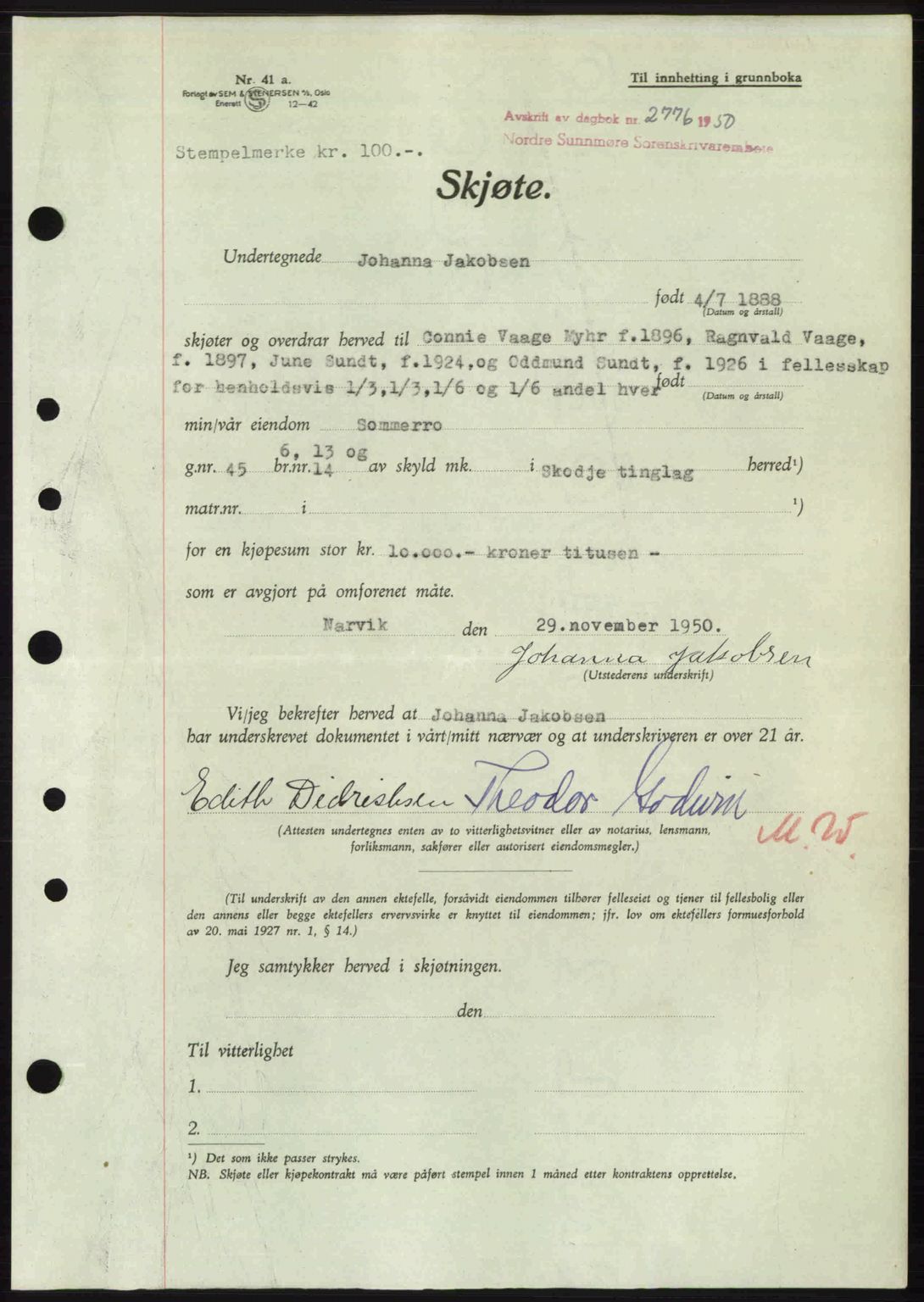 Nordre Sunnmøre sorenskriveri, AV/SAT-A-0006/1/2/2C/2Ca: Mortgage book no. A36, 1950-1950, Diary no: : 2776/1950