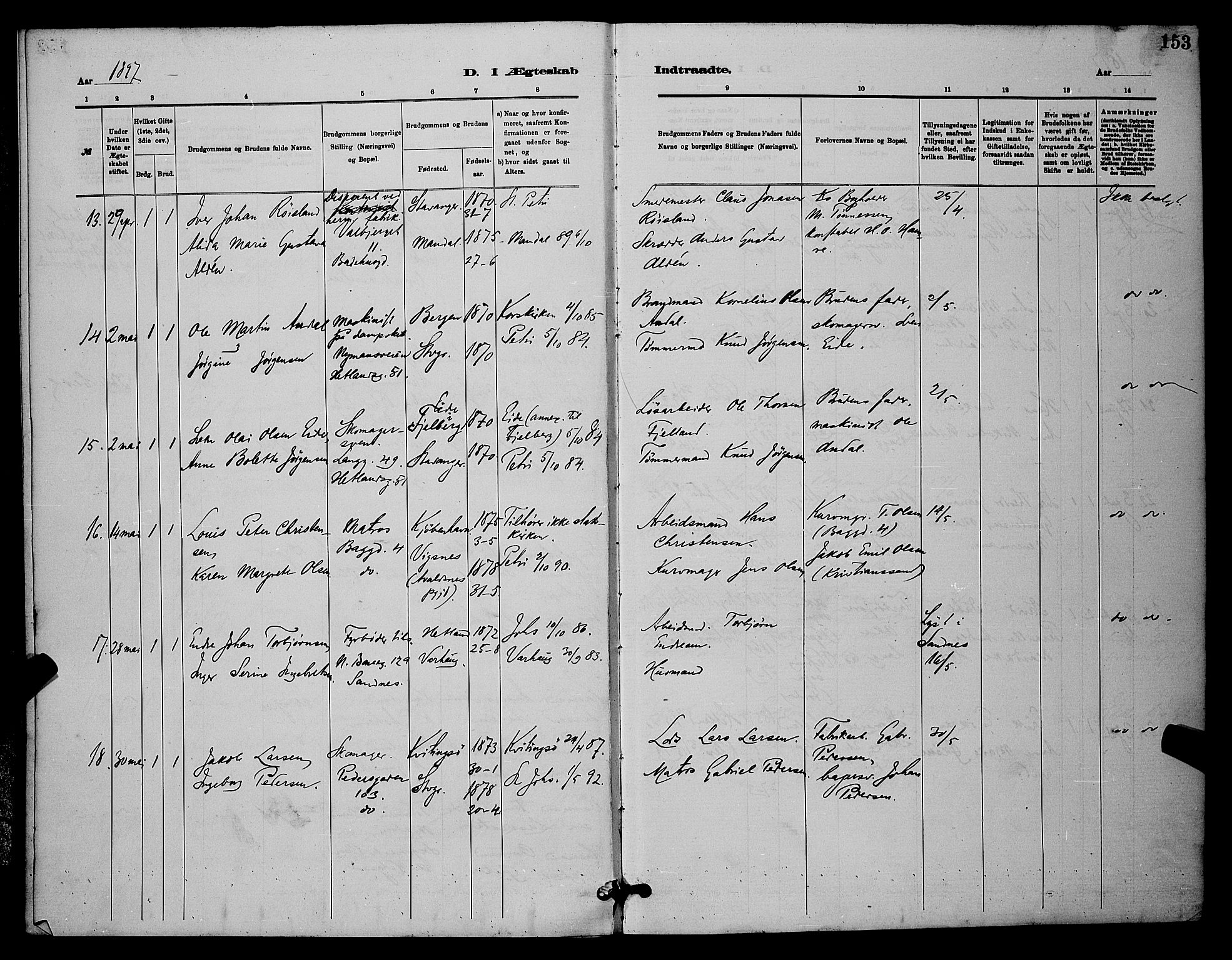 St. Johannes sokneprestkontor, AV/SAST-A-101814/001/30/30BB/L0001: Parish register (copy) no. B 1, 1885-1897, p. 153