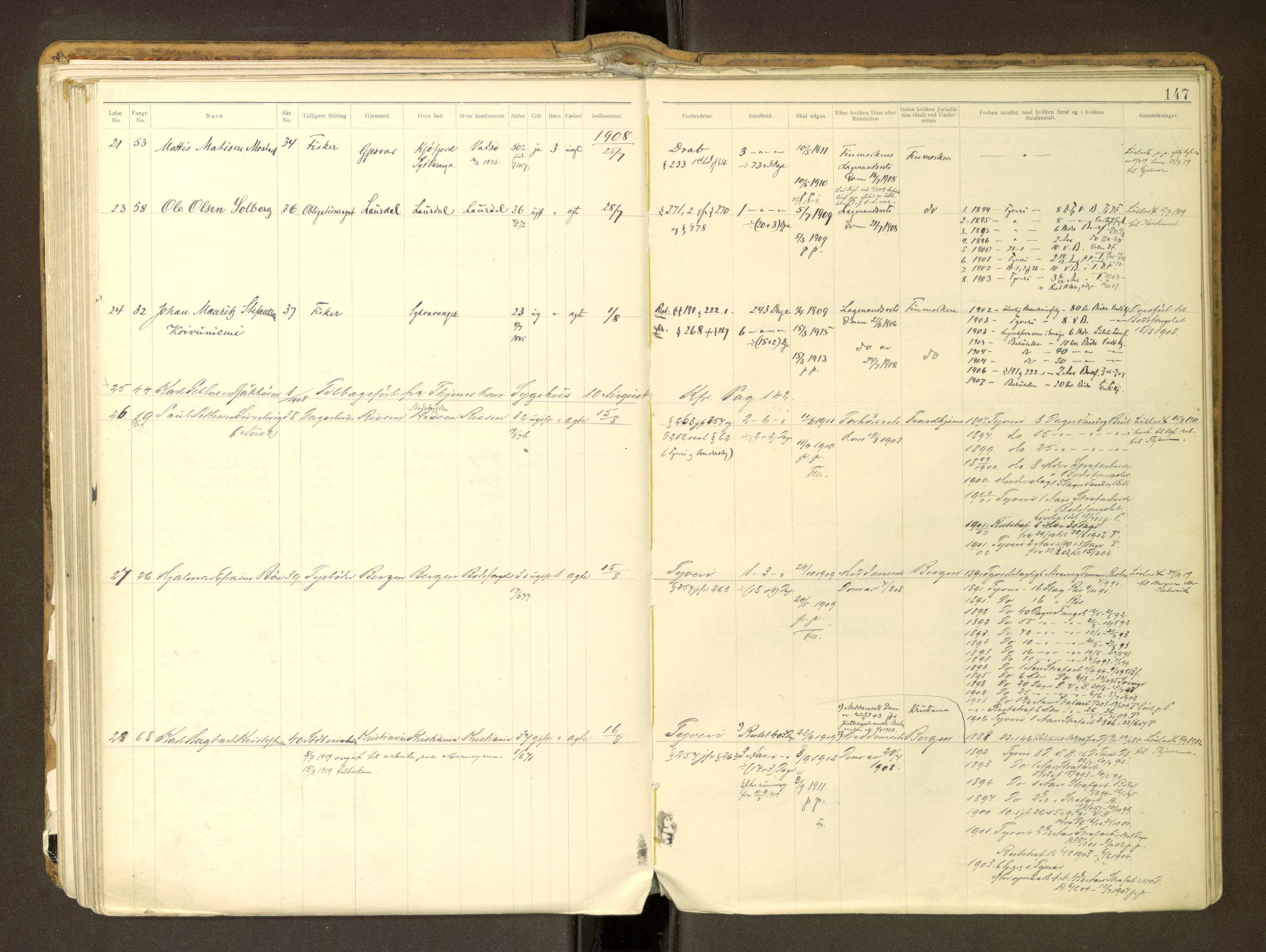 Trondheim tukthus, SAT/A-4619/05/65/L0037: 65.37 Fangeprotokoll m/reg, 1898-1914, p. 147