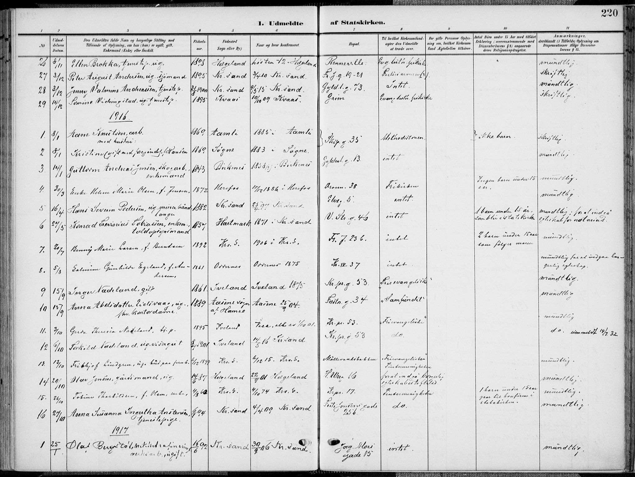 Kristiansand domprosti, SAK/1112-0006/F/Fa/L0022: Parish register (official) no. A 21, 1905-1916, p. 220