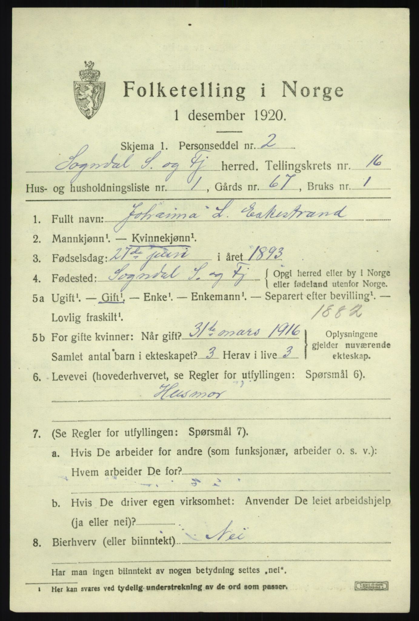 SAB, 1920 census for Sogndal, 1920, p. 6067