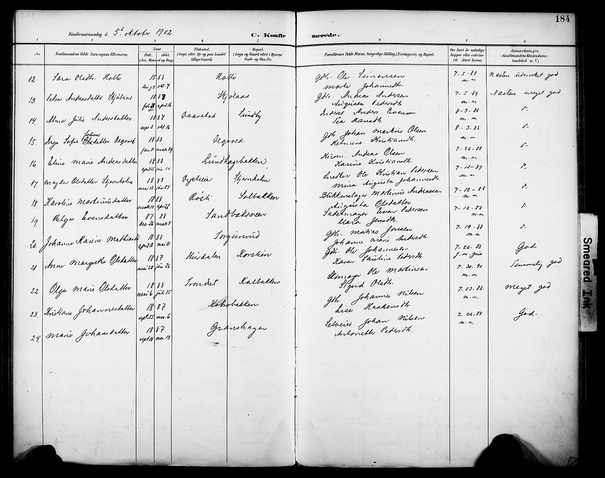 Vestre Toten prestekontor, SAH/PREST-108/H/Ha/Haa/L0013: Parish register (official) no. 13, 1895-1911, p. 184
