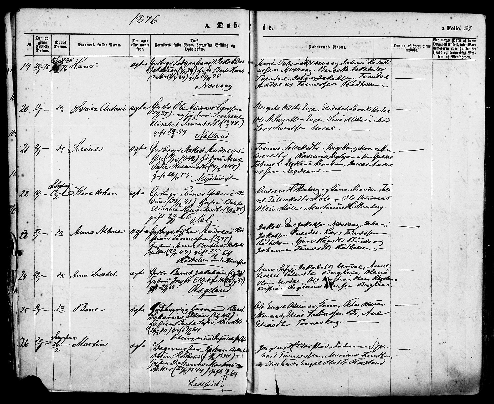 Sokndal sokneprestkontor, AV/SAST-A-101808: Parish register (official) no. A 10, 1874-1886, p. 27