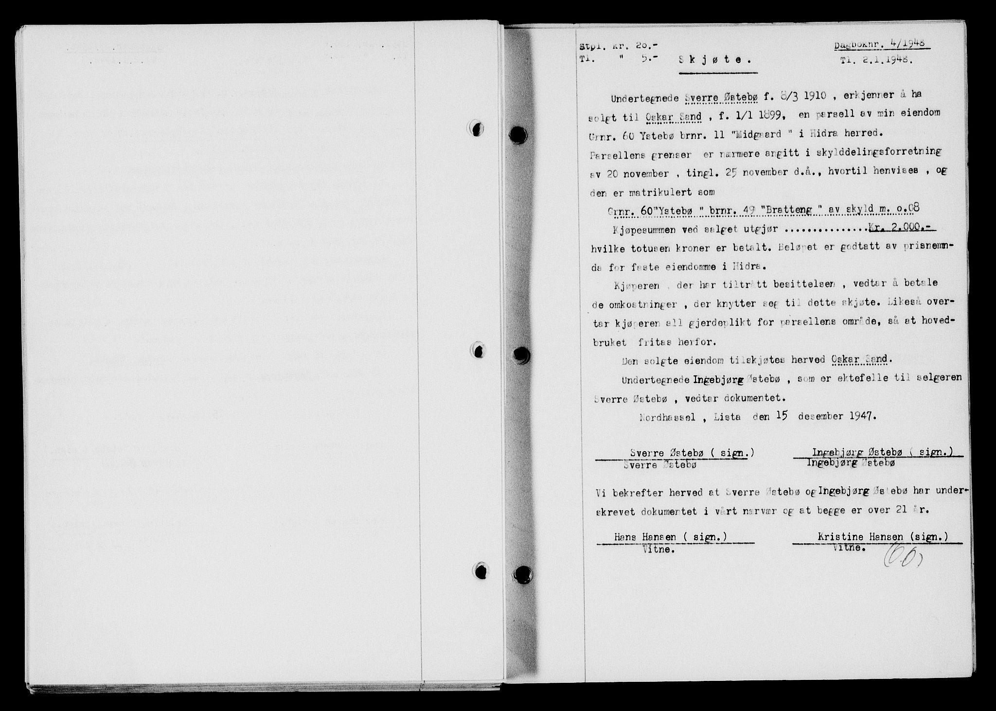 Flekkefjord sorenskriveri, SAK/1221-0001/G/Gb/Gba/L0063: Mortgage book no. A-11, 1947-1948, Diary no: : 4/1948