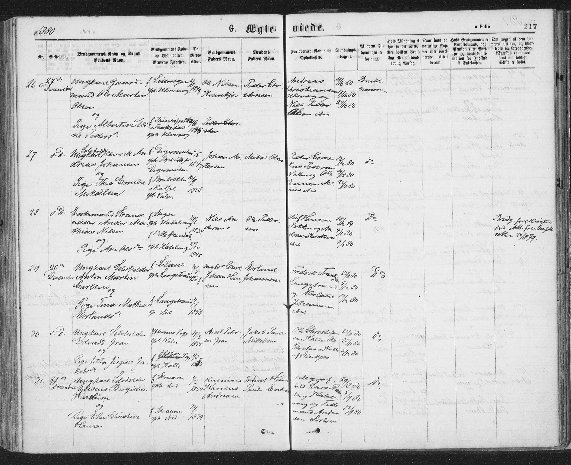 Ministerialprotokoller, klokkerbøker og fødselsregistre - Nordland, AV/SAT-A-1459/874/L1058: Parish register (official) no. 874A02, 1878-1883, p. 217