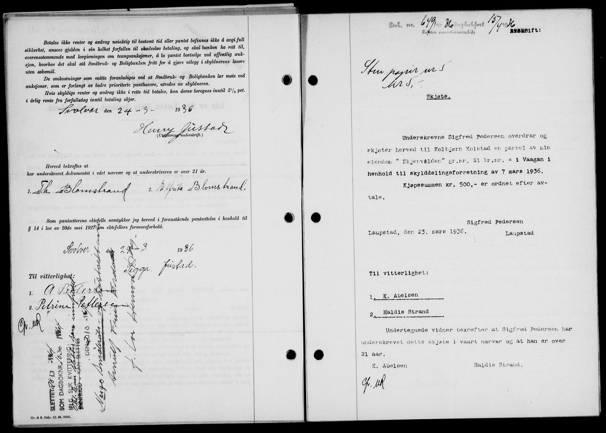 Lofoten sorenskriveri, SAT/A-0017/1/2/2C/L0033b: Mortgage book no. 33b, 1936-1936, Diary no: : 649/1936