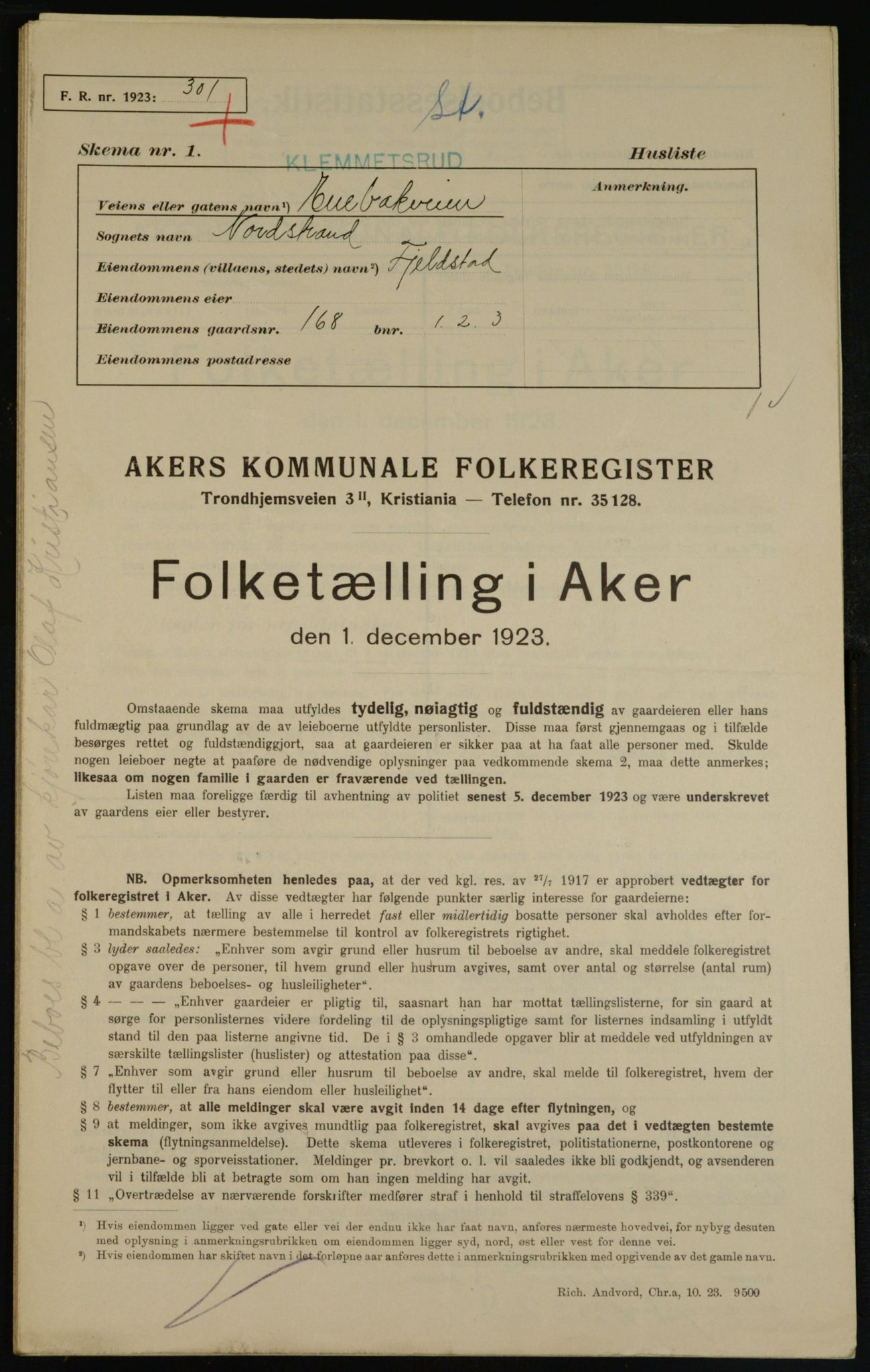 , Municipal Census 1923 for Aker, 1923, p. 38462