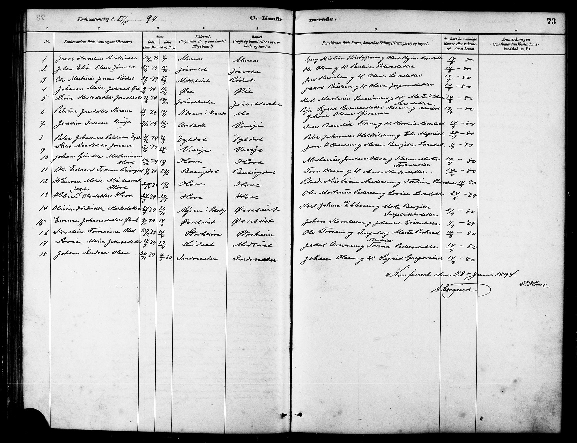 Ministerialprotokoller, klokkerbøker og fødselsregistre - Møre og Romsdal, AV/SAT-A-1454/521/L0302: Parish register (copy) no. 521C03, 1882-1907, p. 73