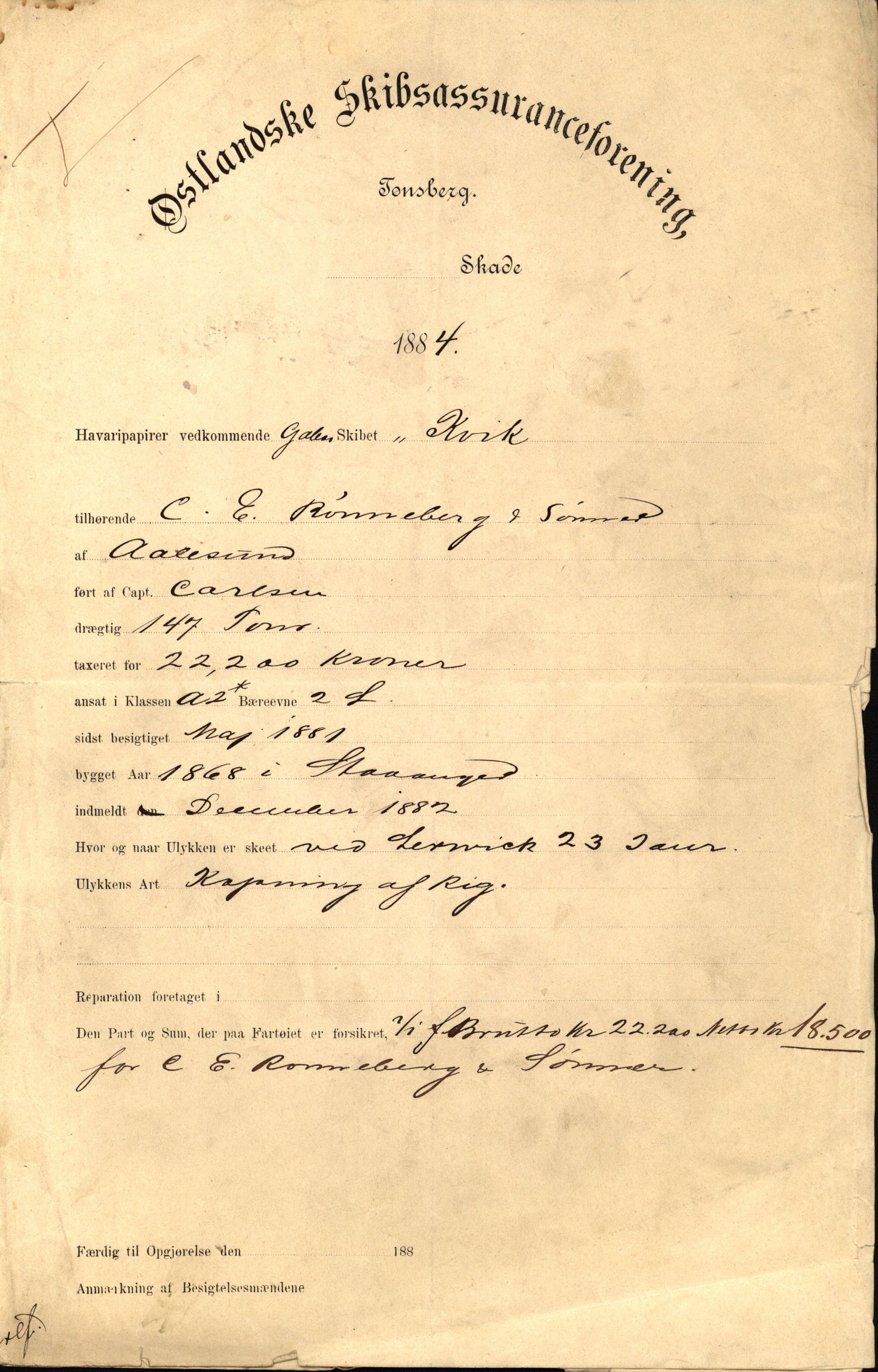 Pa 63 - Østlandske skibsassuranceforening, VEMU/A-1079/G/Ga/L0017/0009: Havaridokumenter / Agnese, Agnes, Adelphia, Kvik, Varnæs, 1884, p. 64