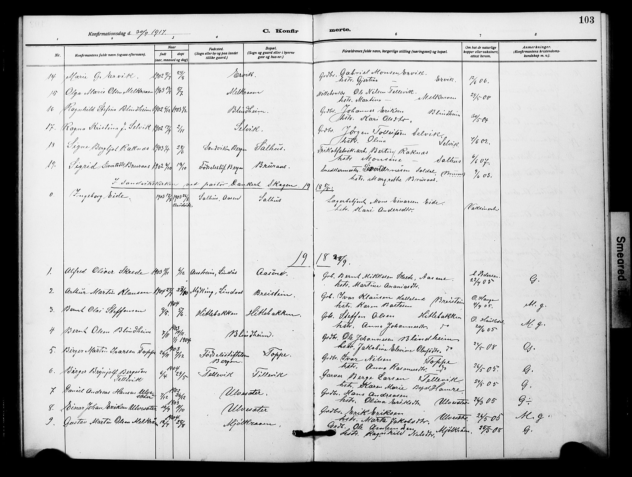 Åsane sokneprestembete, SAB/A-79401/H/Hab: Parish register (copy) no. A 4, 1915-1927, p. 103