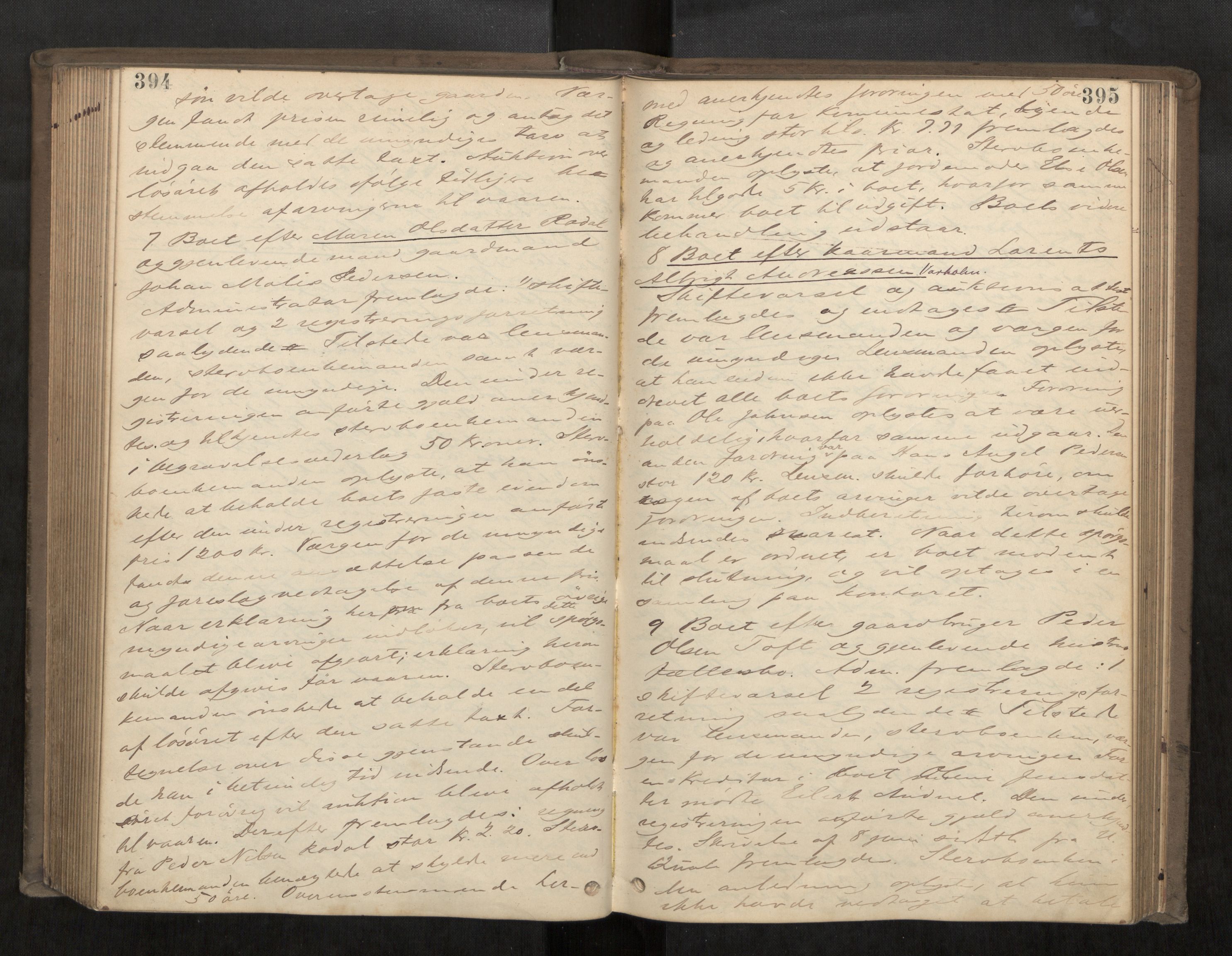 Søndre Helgeland sorenskriveri, AV/SAT-A-4575/1/3/3B/L0003: Skiftebehandlingsprotokoll, 1885-1889, p. 394-395