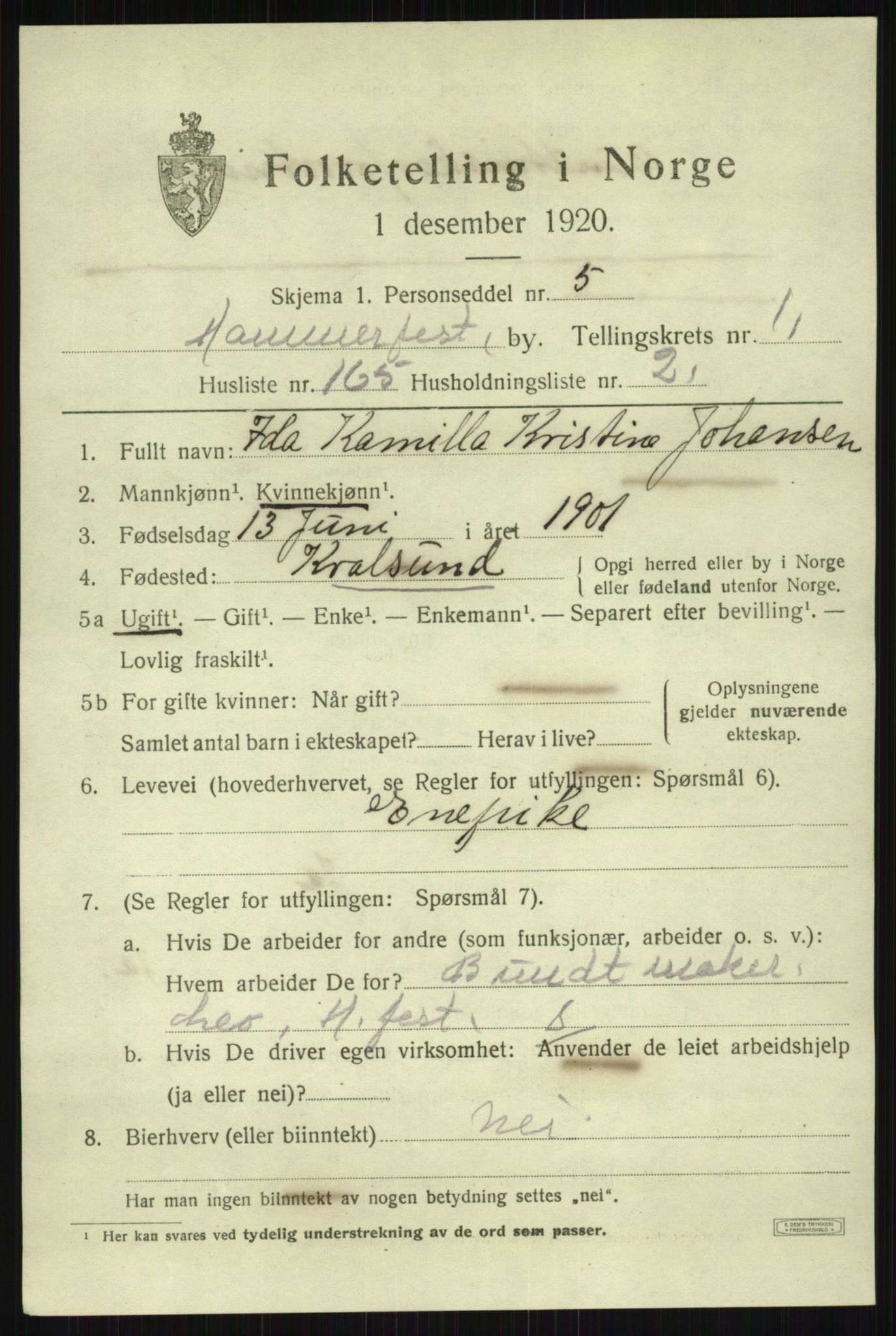 SATØ, 1920 census for Hammerfest, 1920, p. 4771