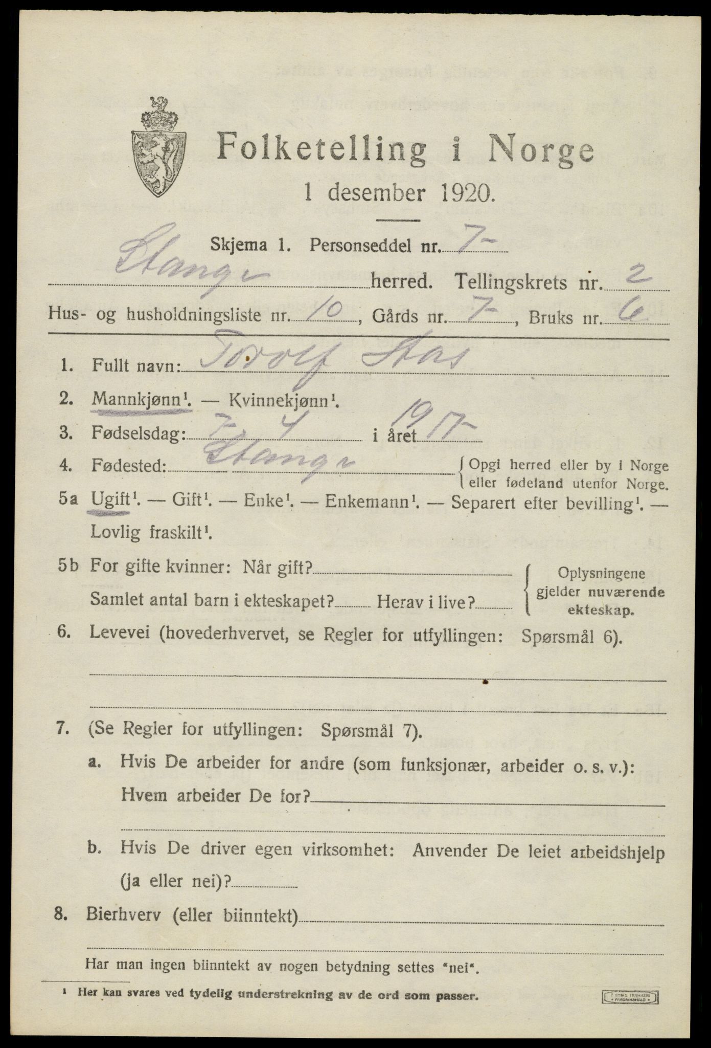 SAH, 1920 census for Stange, 1920, p. 4179