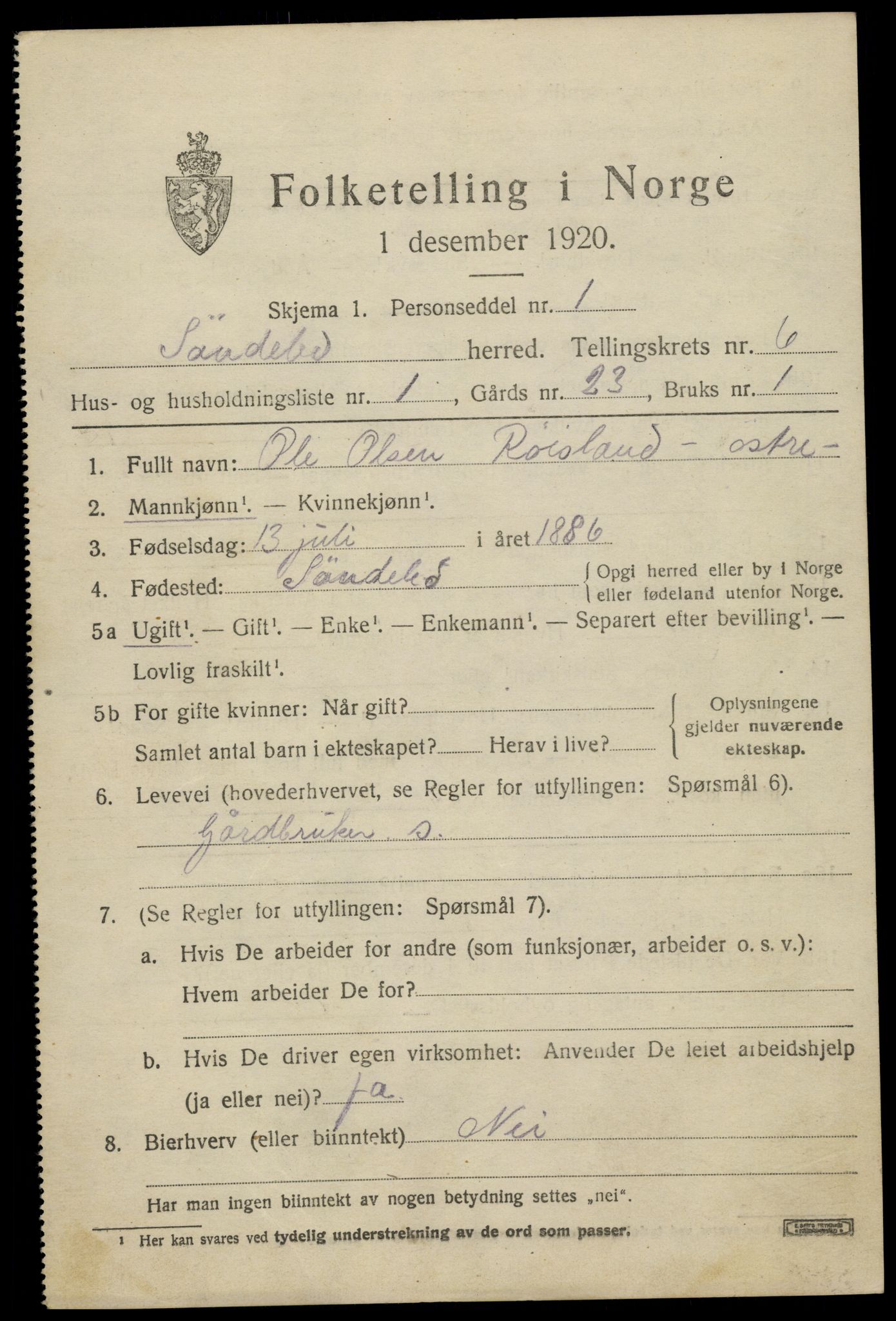 SAK, 1920 census for Søndeled, 1920, p. 3695
