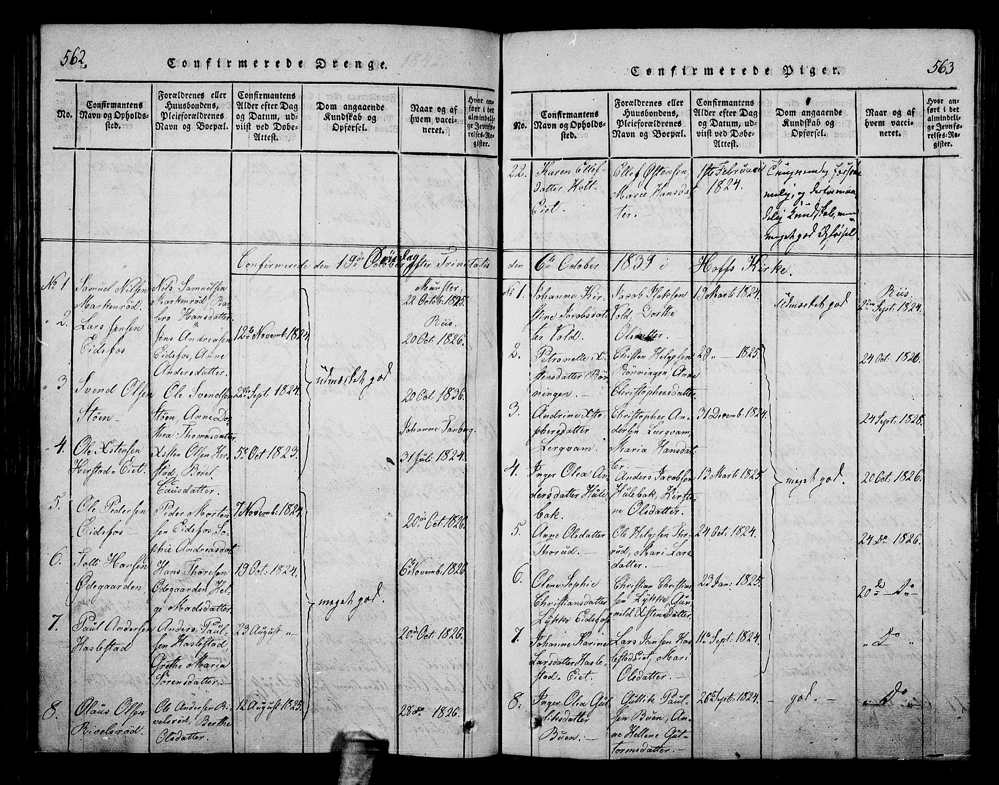 Hof kirkebøker, AV/SAKO-A-64/F/Fa/L0004: Parish register (official) no. I 4, 1814-1843, p. 562-563