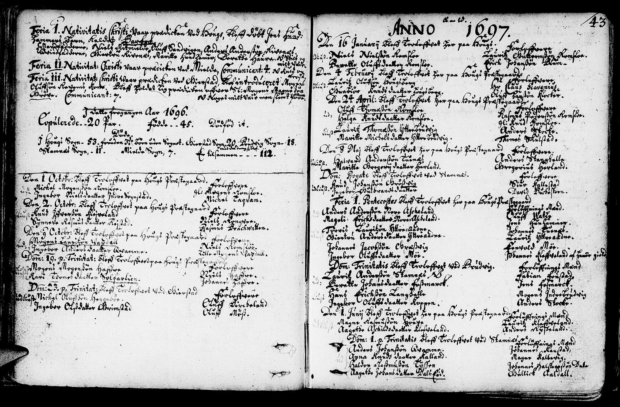 Haus sokneprestembete, SAB/A-75601/H/Haa: Parish register (official) no. A 1, 1691-1712, p. 43