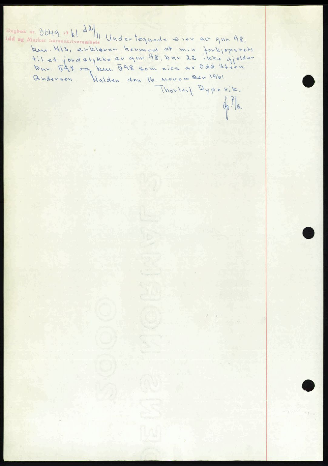 Idd og Marker sorenskriveri, AV/SAO-A-10283/G/Gb/Gbb/L0013: Mortgage book no. A13, 1949-1950, Diary no: : 3049/1961