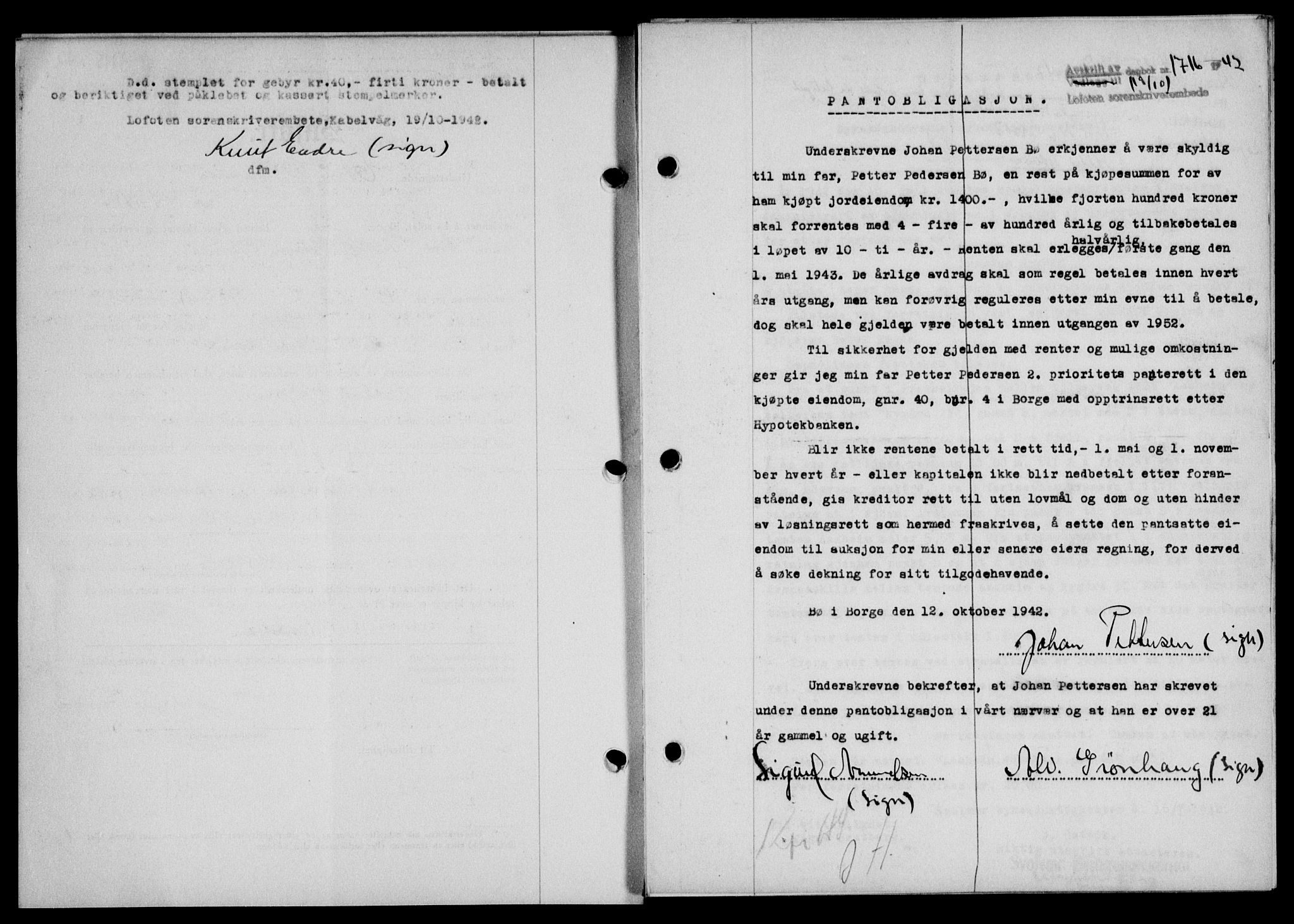 Lofoten sorenskriveri, SAT/A-0017/1/2/2C/L0010a: Mortgage book no. 10a, 1942-1943, Diary no: : 1716/1942