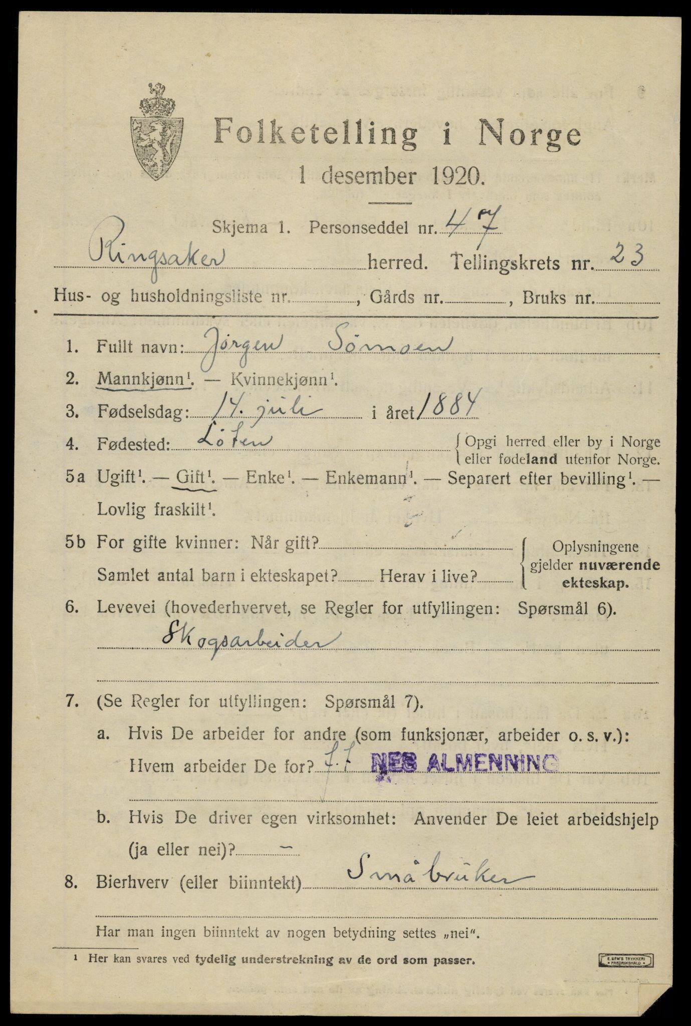 SAH, 1920 census for Ringsaker, 1920, p. 29764