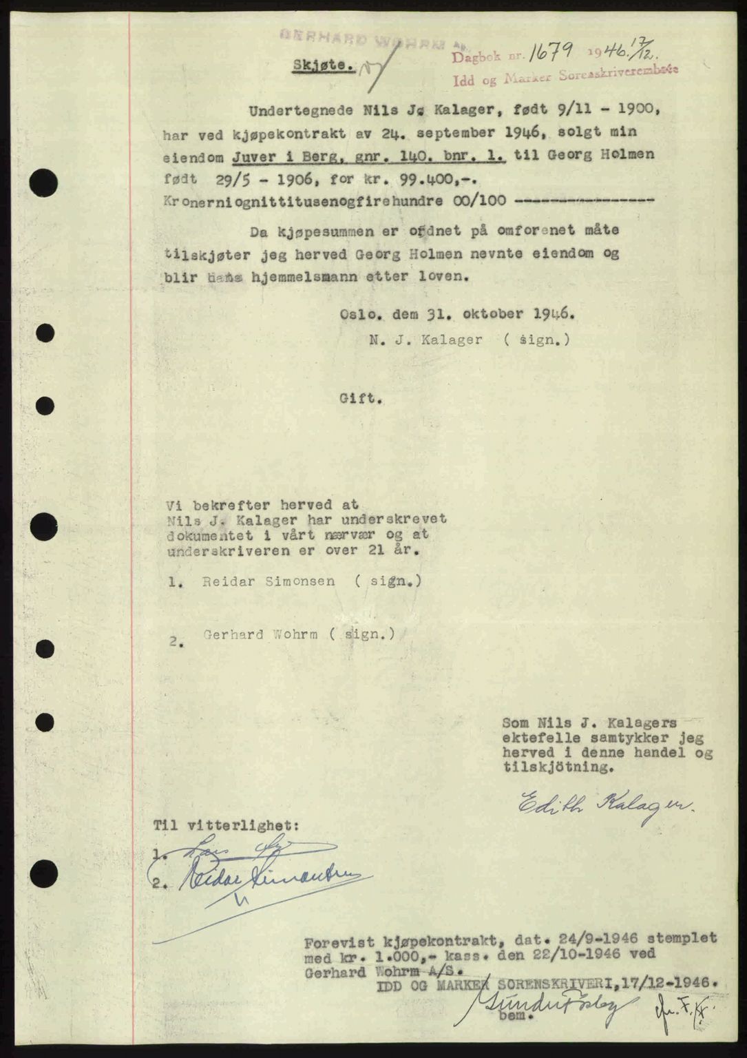 Idd og Marker sorenskriveri, SAO/A-10283/G/Gb/Gbb/L0009: Mortgage book no. A9, 1946-1947, Diary no: : 1679/1946