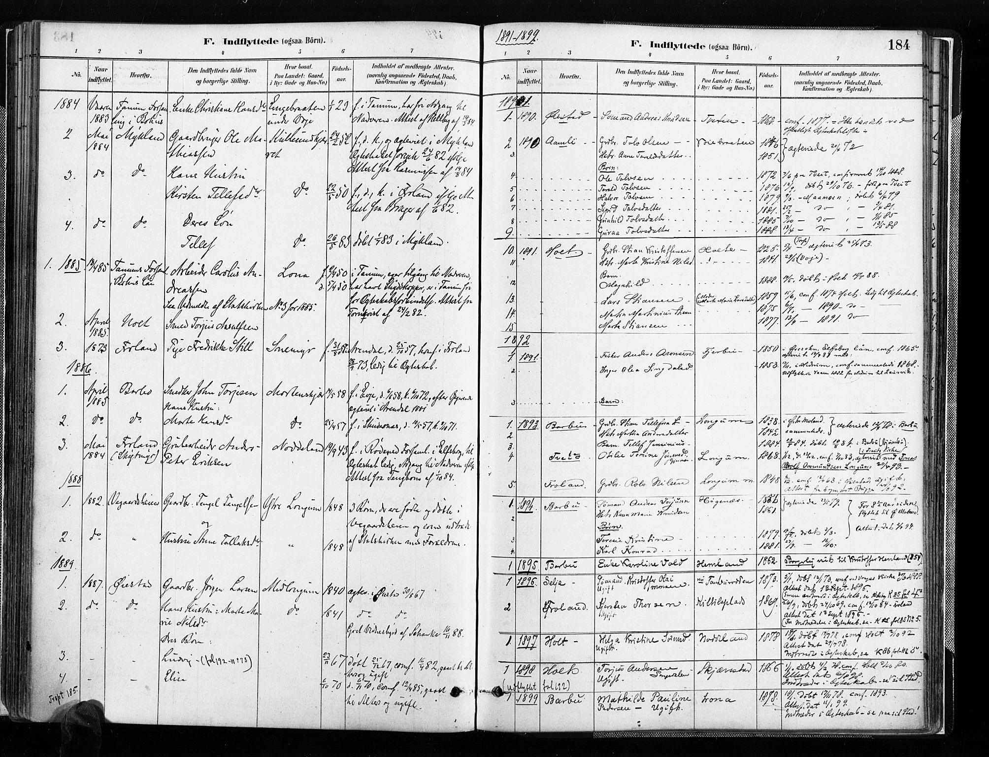 Austre Moland sokneprestkontor, SAK/1111-0001/F/Fa/Faa/L0010: Parish register (official) no. A 10, 1880-1904, p. 184