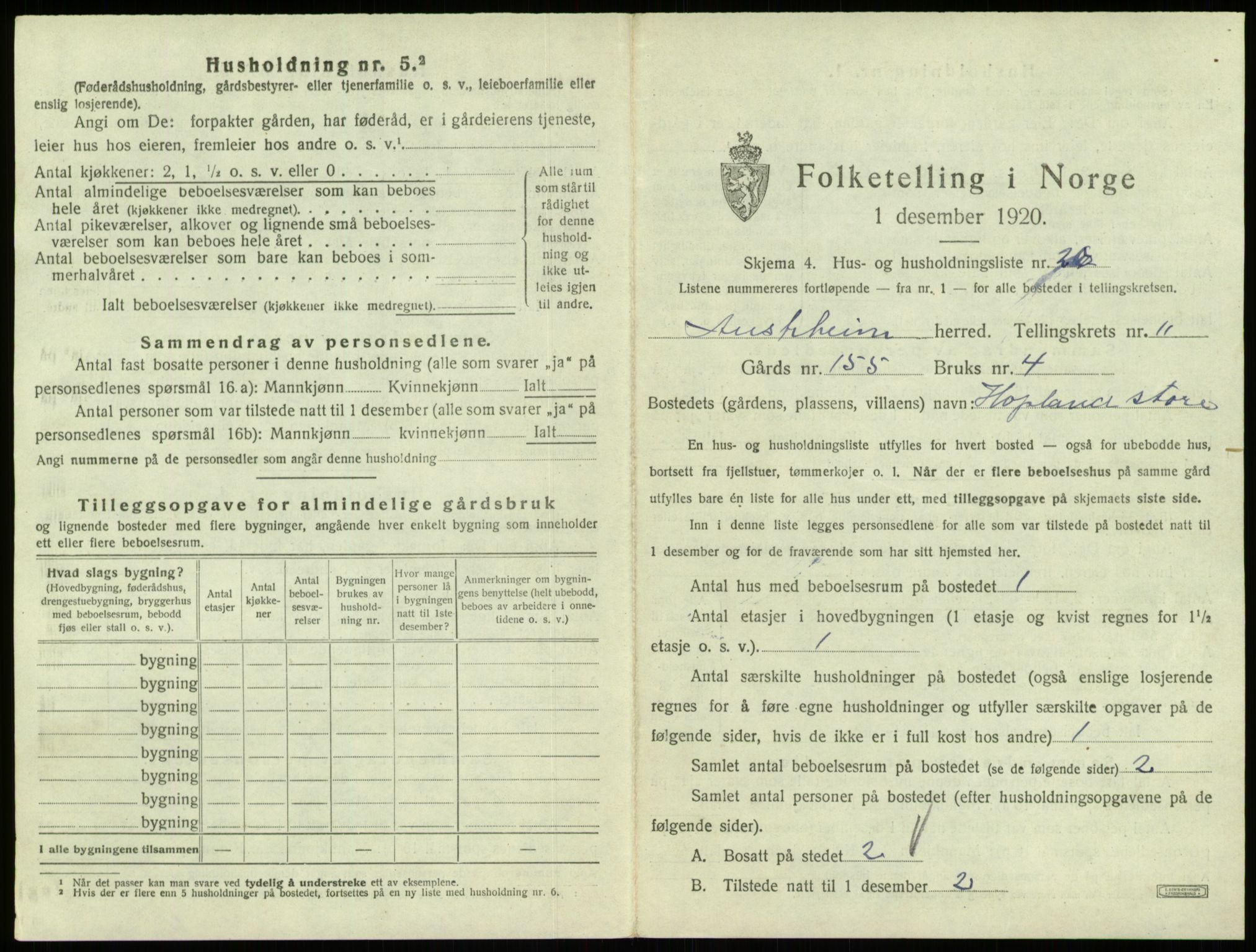 SAB, 1920 census for Austrheim, 1920, p. 581