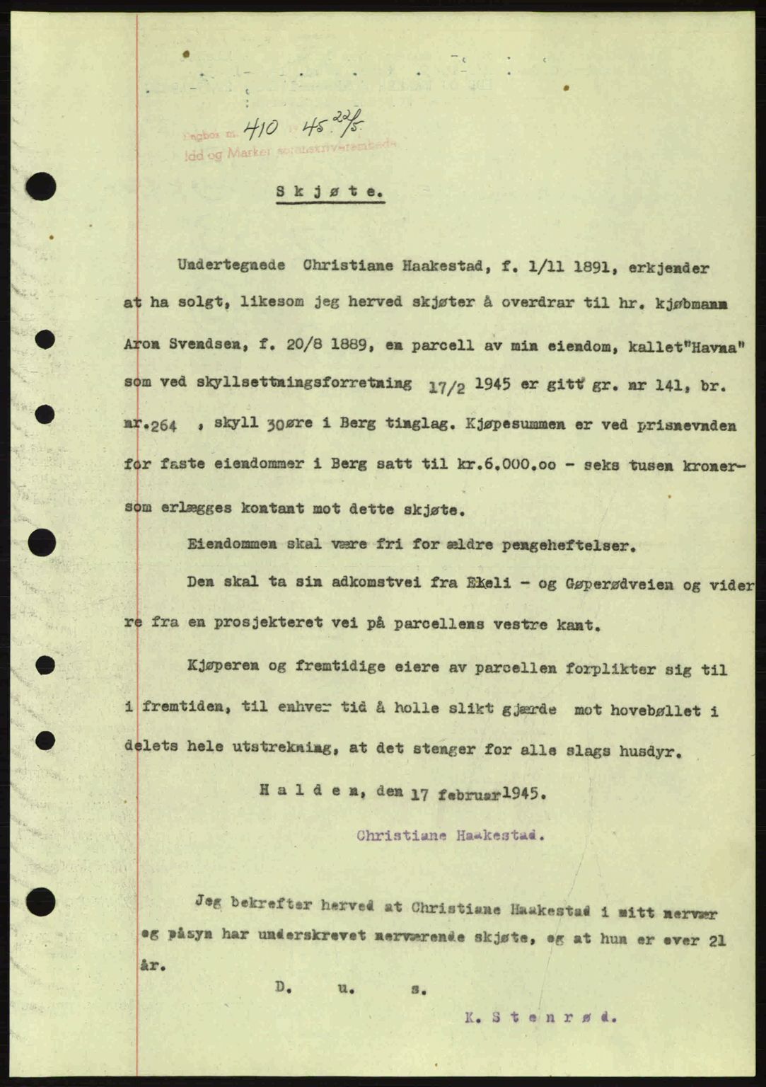 Idd og Marker sorenskriveri, AV/SAO-A-10283/G/Gb/Gbb/L0007: Mortgage book no. A7, 1944-1945, Diary no: : 410/1945