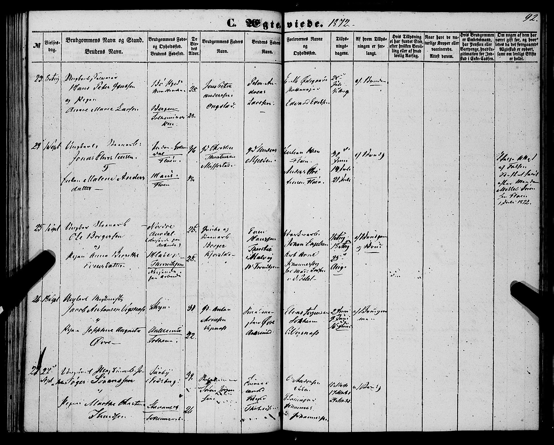 St. Jørgens hospital og Årstad sokneprestembete, AV/SAB-A-99934: Parish register (official) no. A 9, 1853-1878, p. 92
