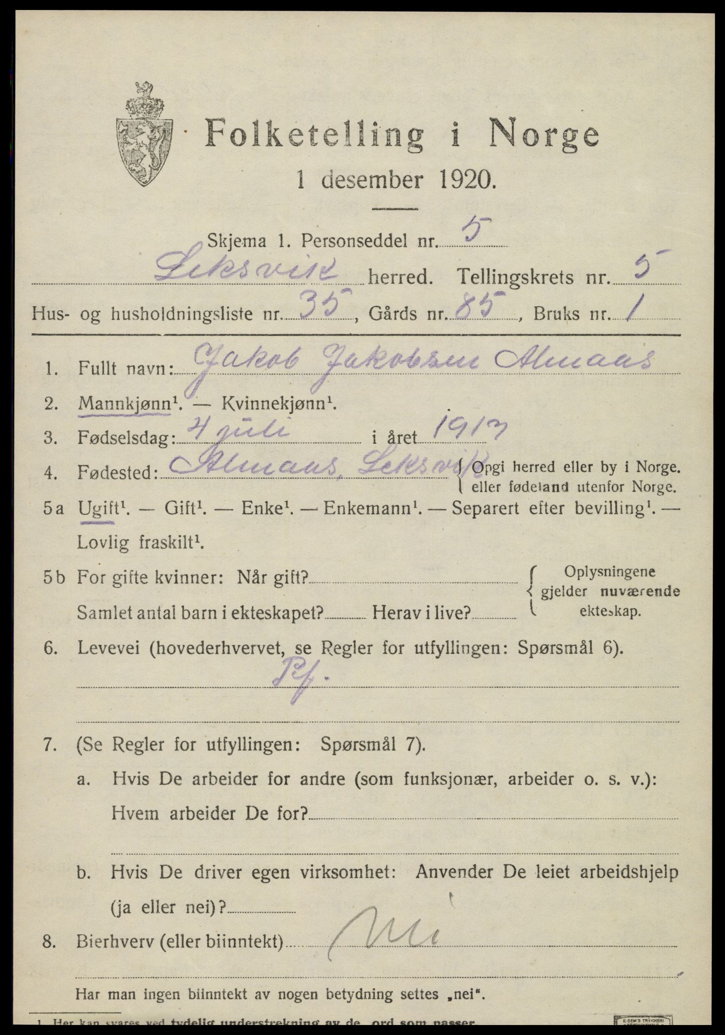 SAT, 1920 census for Leksvik, 1920, p. 5222
