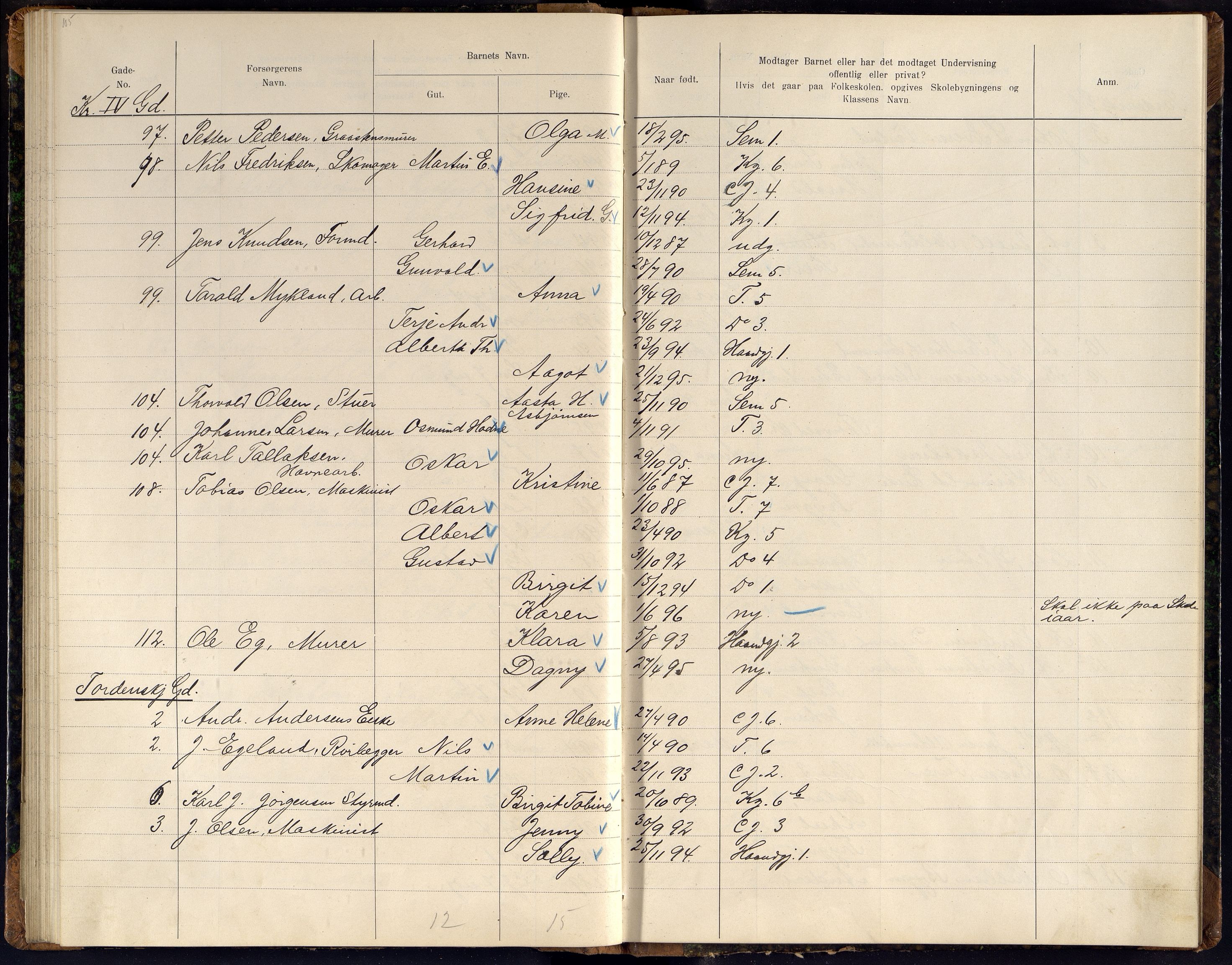 Kristiansand By - Skolekommisjonen/ -Styret, ARKSOR/1001KG510/J/Jb/L0011: Barnetelling, 1902, p. 105-106