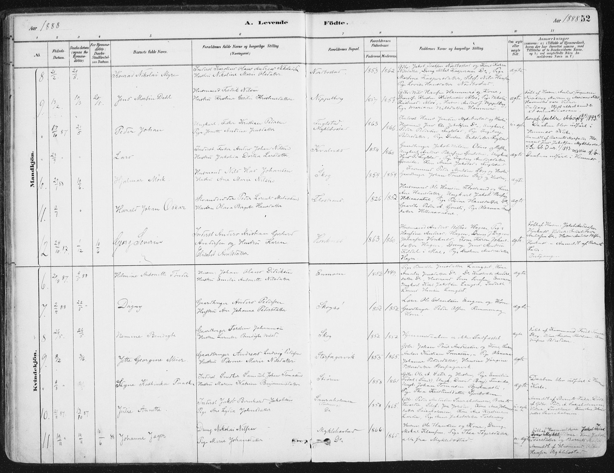 Ministerialprotokoller, klokkerbøker og fødselsregistre - Nordland, SAT/A-1459/838/L0552: Parish register (official) no. 838A10, 1880-1910, p. 52