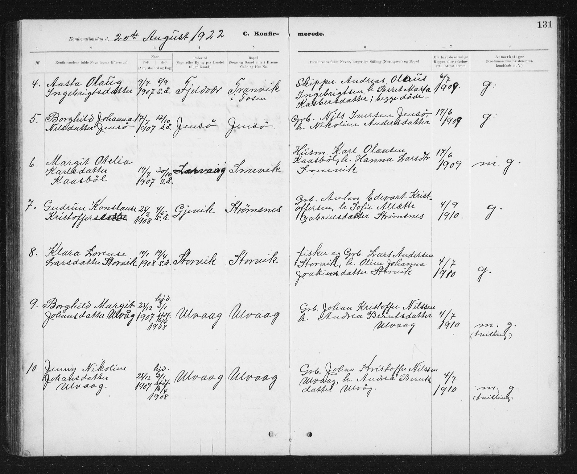 Ministerialprotokoller, klokkerbøker og fødselsregistre - Sør-Trøndelag, SAT/A-1456/637/L0563: Parish register (copy) no. 637C04, 1899-1940, p. 131