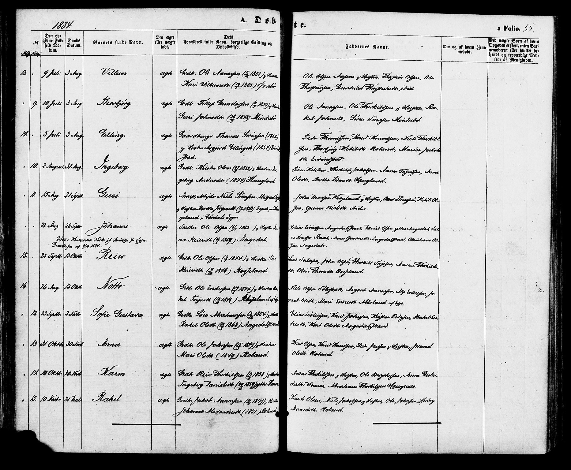 Bjelland sokneprestkontor, AV/SAK-1111-0005/F/Fa/Faa/L0003: Parish register (official) no. A 3, 1867-1887, p. 55