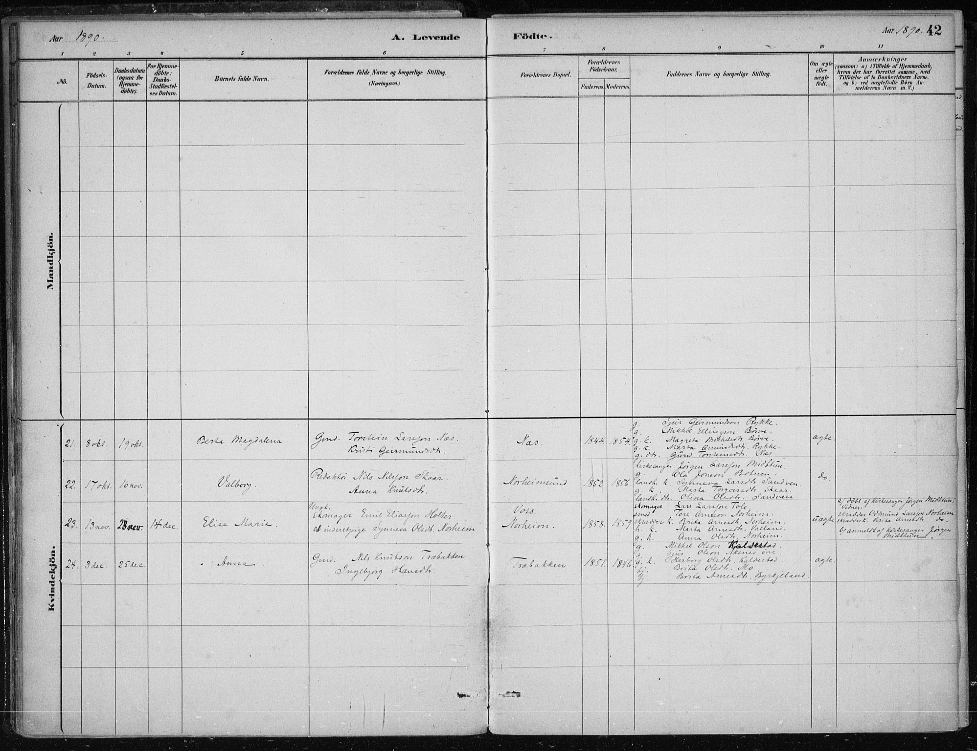 Kvam sokneprestembete, AV/SAB-A-76201/H/Haa: Parish register (official) no. B  1, 1880-1908, p. 42