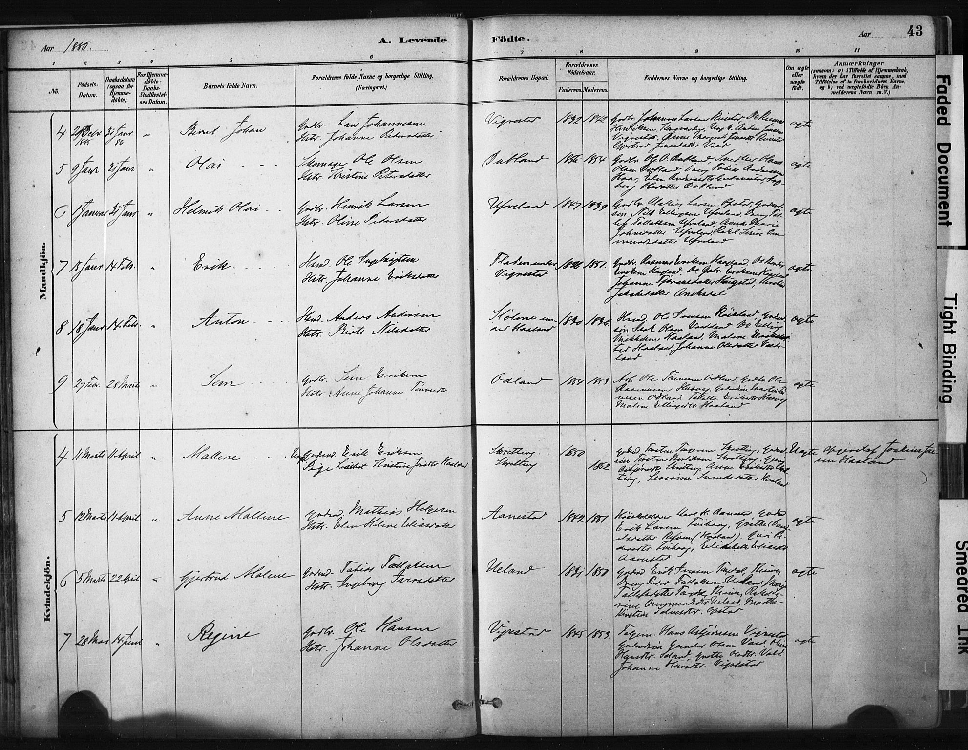 Hå sokneprestkontor, AV/SAST-A-101801/001/30BA/L0011: Parish register (official) no. A 10, 1879-1900, p. 43