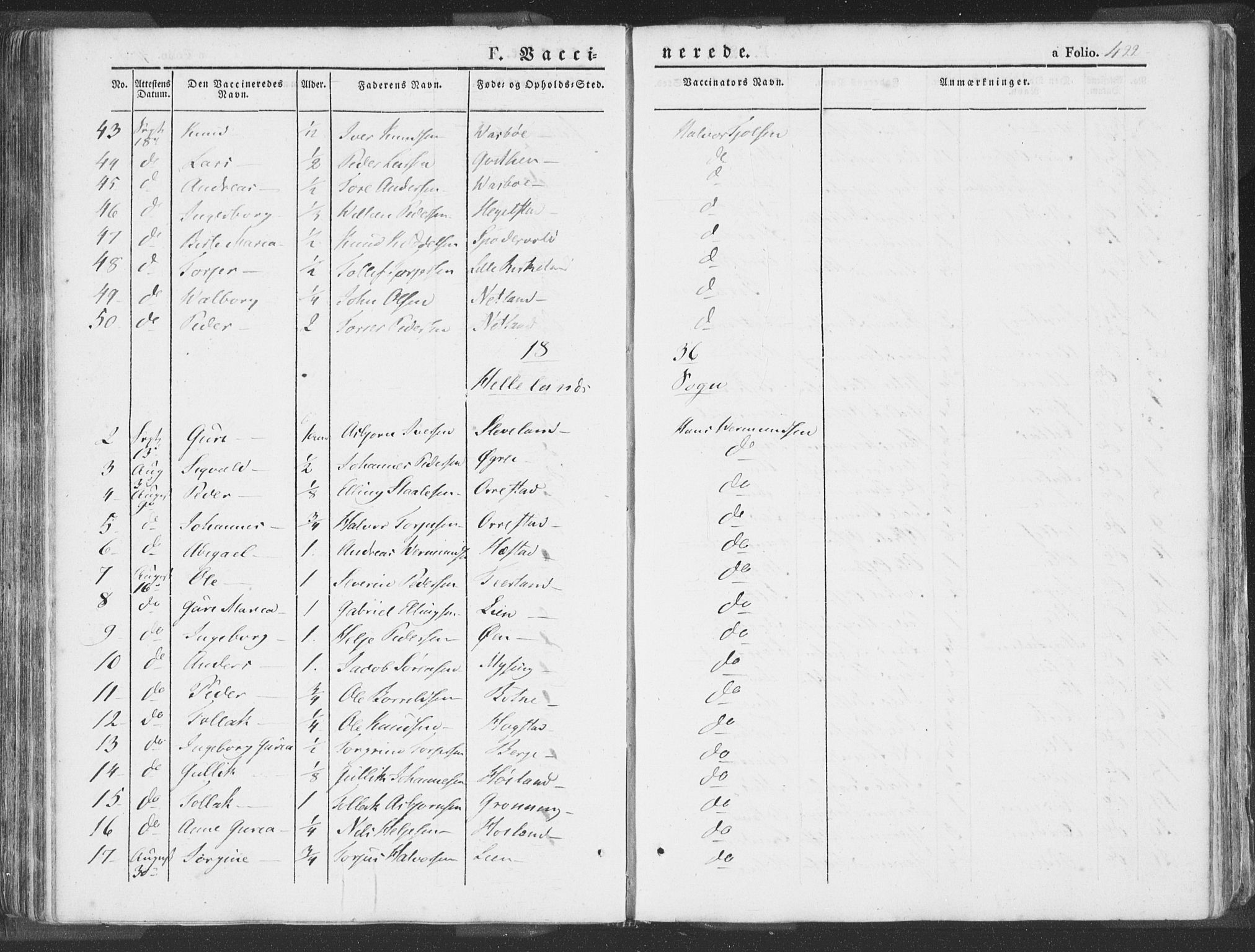 Helleland sokneprestkontor, SAST/A-101810: Parish register (official) no. A 6.2, 1834-1863, p. 422