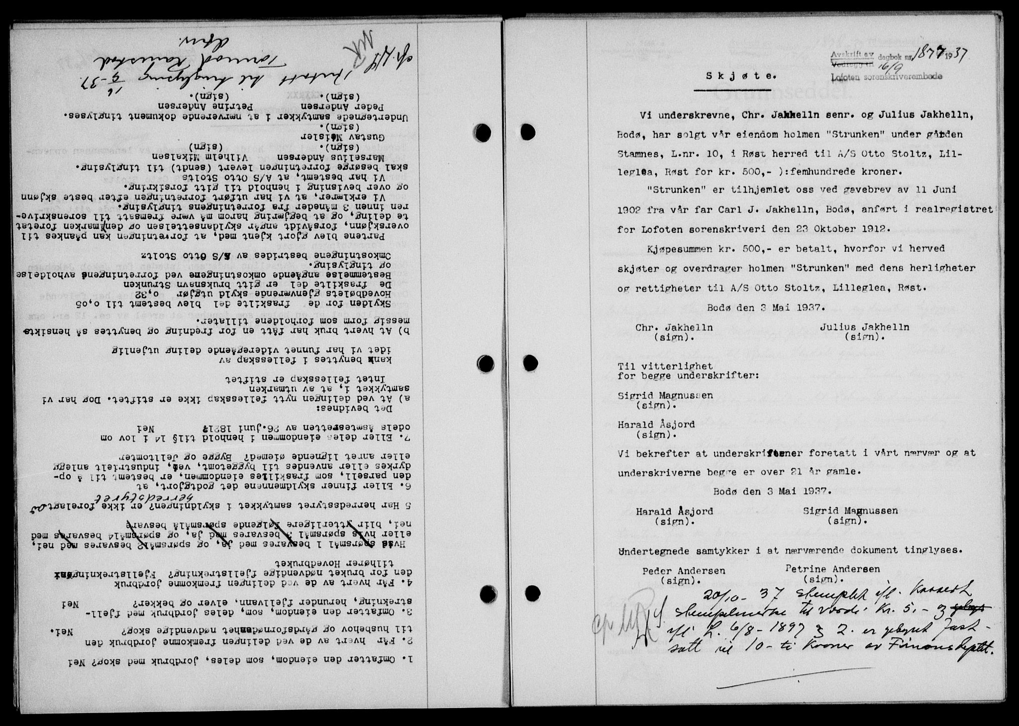Lofoten sorenskriveri, SAT/A-0017/1/2/2C/L0002a: Mortgage book no. 2a, 1937-1937, Diary no: : 1877/1937
