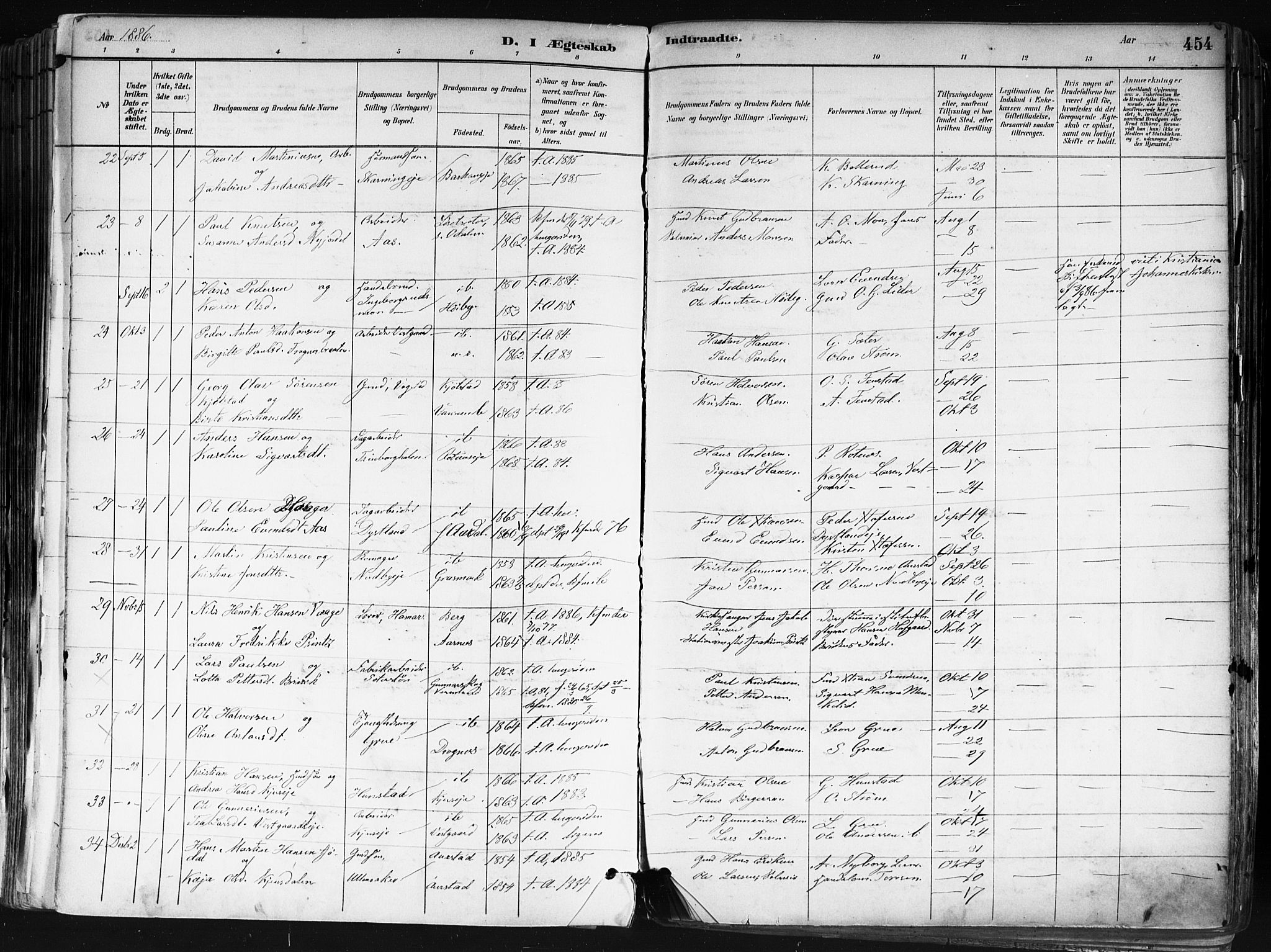 Nes prestekontor Kirkebøker, AV/SAO-A-10410/F/Fa/L0010: Parish register (official) no. I 10, 1883-1898, p. 454