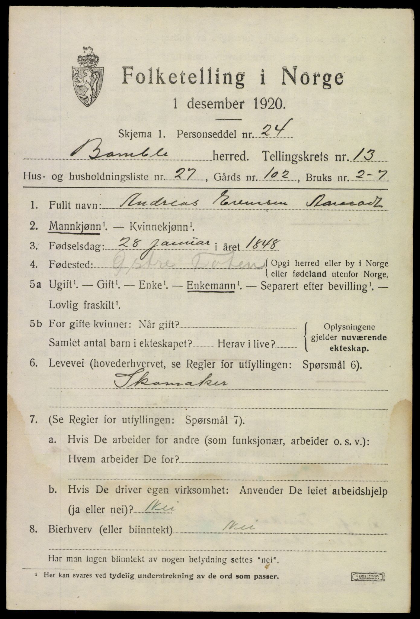 SAKO, 1920 census for Bamble, 1920, p. 9867