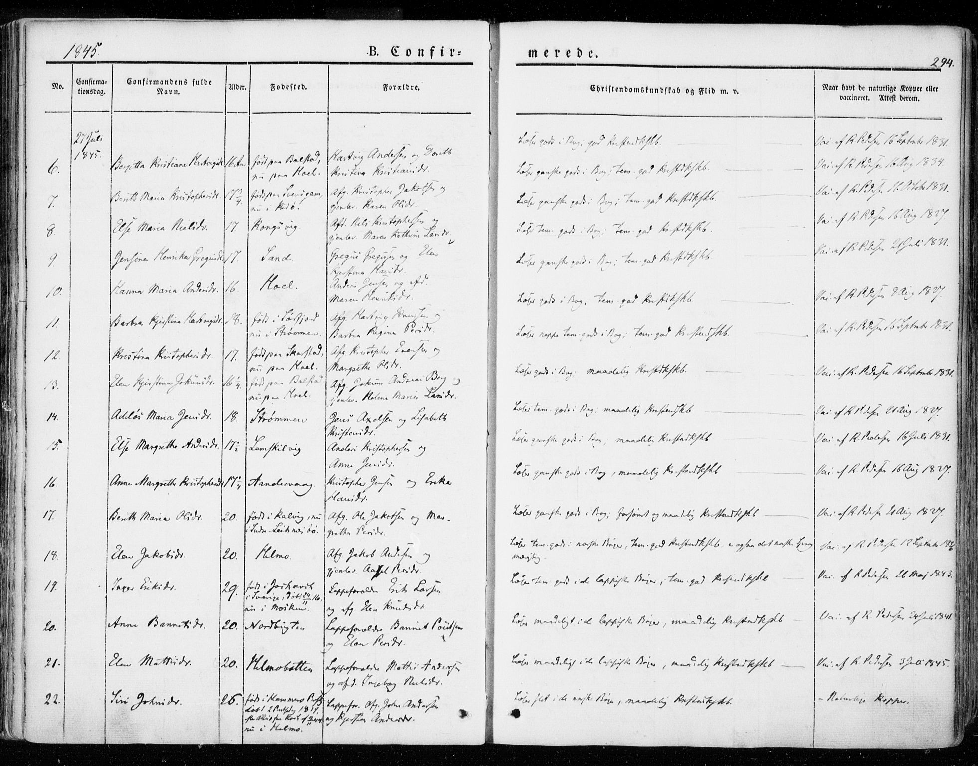 Ministerialprotokoller, klokkerbøker og fødselsregistre - Nordland, AV/SAT-A-1459/872/L1033: Parish register (official) no. 872A08, 1840-1863, p. 294