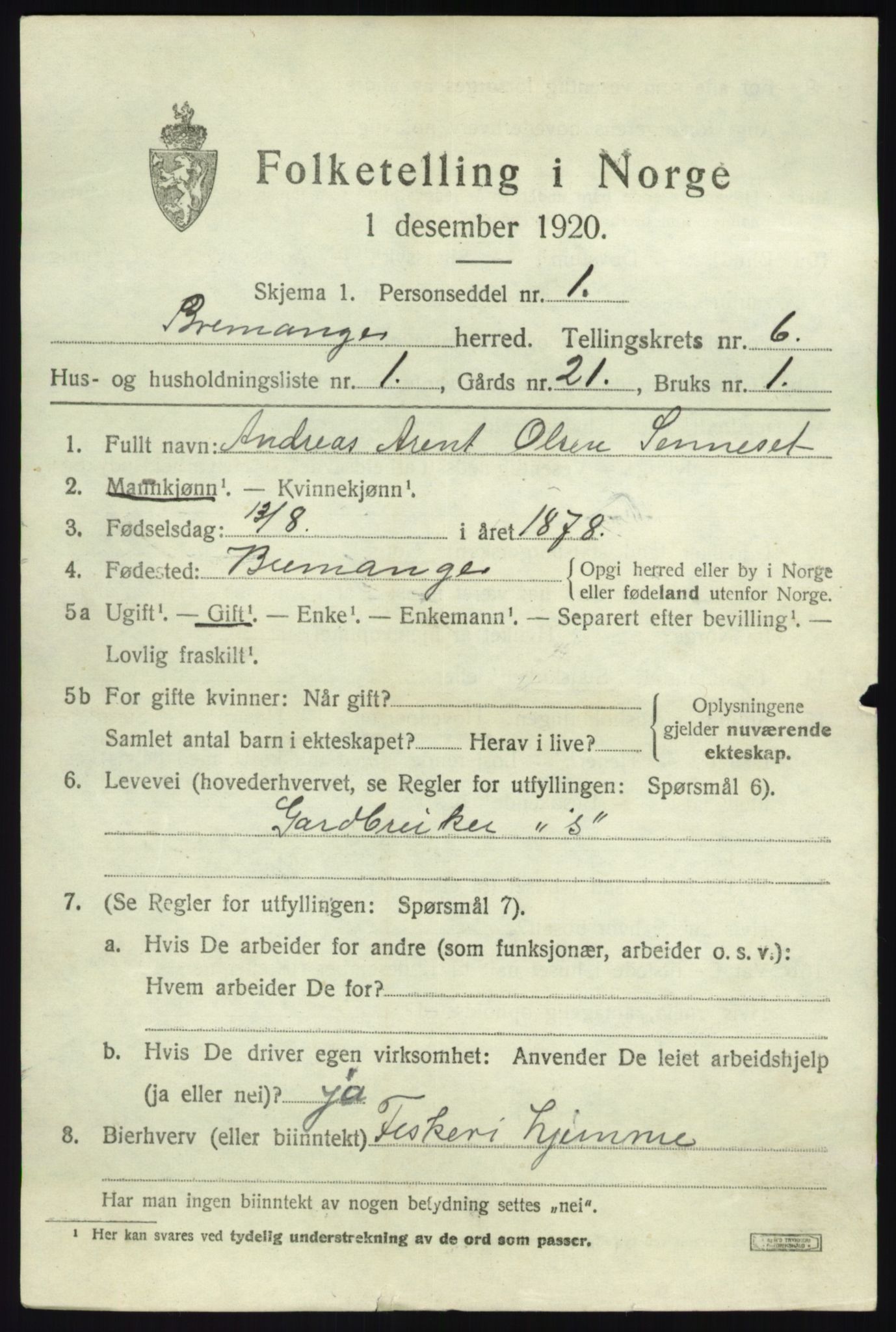 SAB, 1920 census for Bremanger, 1920, p. 3998