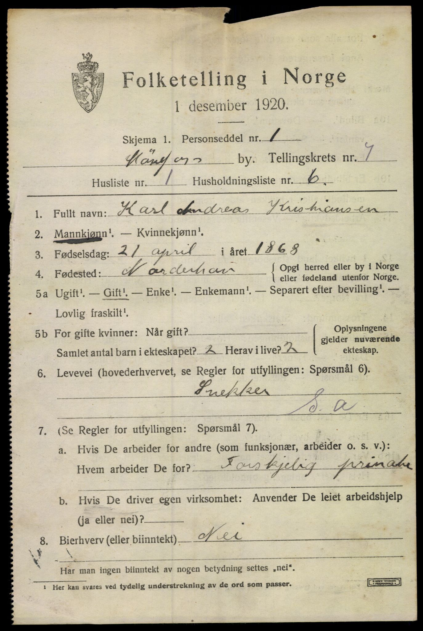 SAKO, 1920 census for Hønefoss, 1920, p. 7892